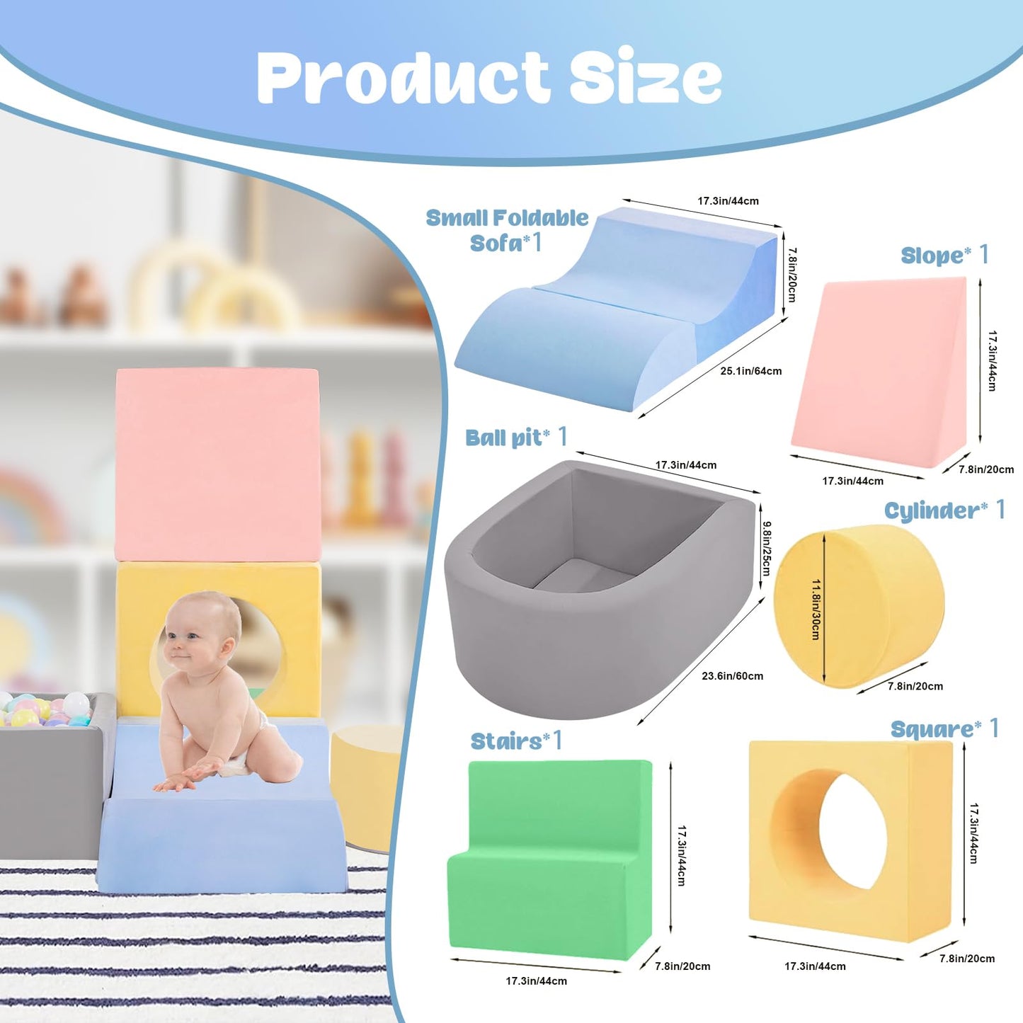 CAMELUS Toddler Climbing Toys Indoor, Baby Foam Climbing Blocks with Ball Pit for 1-3 Years Old, 6-Piece Soft Play Set Climbing Blocks, Climb Crawl Activity Play, Birthday (Balls not Included)