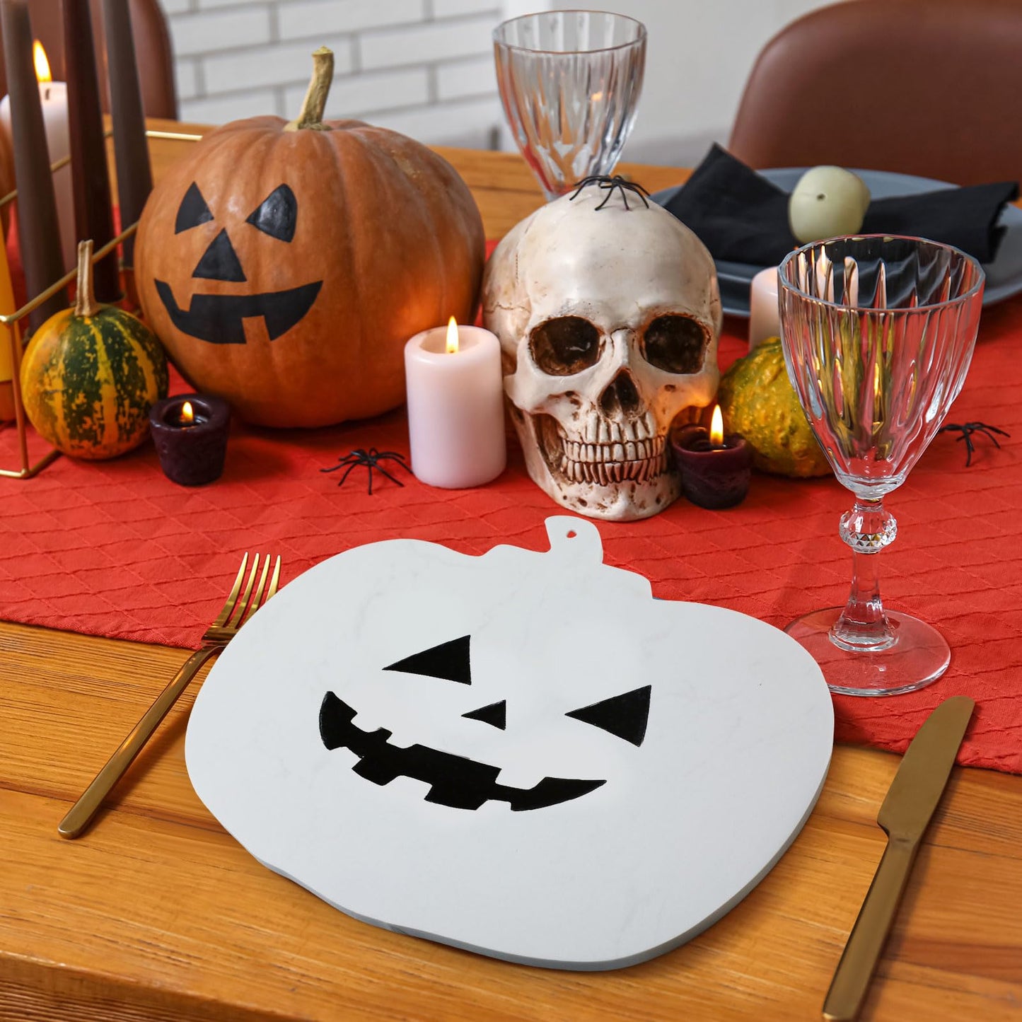 Reallnaive Halloween Marble Pumpkin Cheese Board Charcuterie Cutting Tray Marble Serving Decorative for Decoration Charcuterie Kitchen(White)