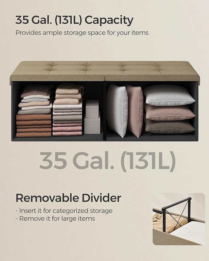 SONGMICS Mazie Collection - 43 Inches Storage Ottoman, Foldable Storage Bench with Flipping Lid, 660 lb Load Capacity, for Entryway, Living Room, Bedroom, Camel Brown ULSF076K01