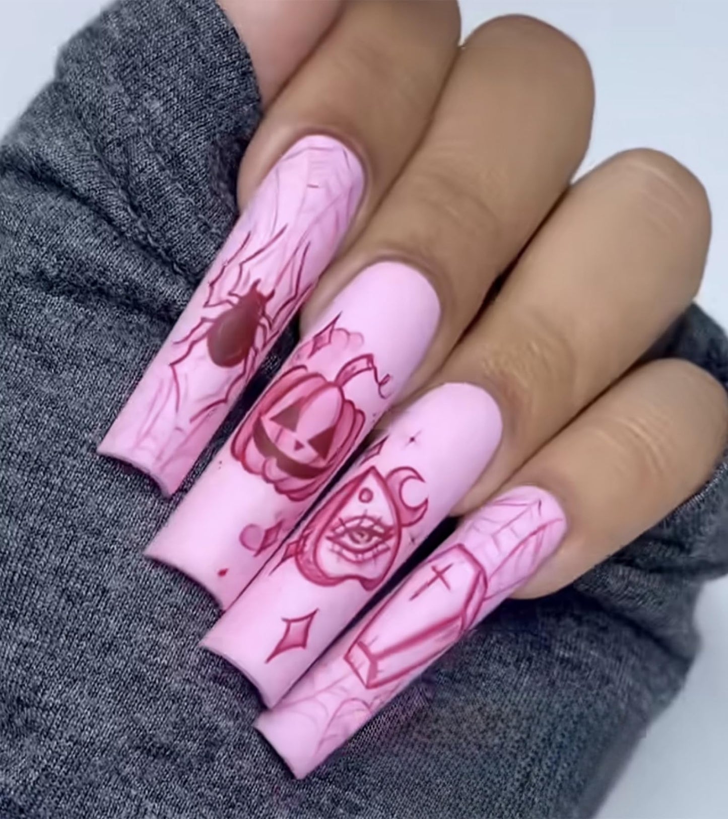 Press on Nails Extra Long - Aegenacess Square Press On Nails with Spooky Pumpkin Spider Web, Light Purple Matte Fake Nails with Glue Sticker, Handmade 24 pcs Stick On Nails False Nail in 12 Sizes