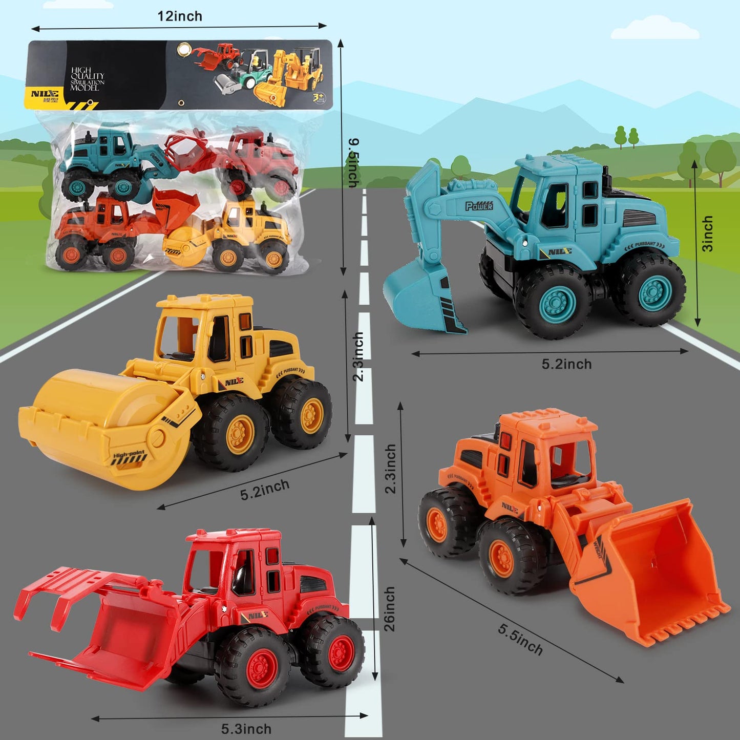 4Pcs Construction Toys,Friction Powered Construction Truck Toys Vehicles,Push and Go Construction Sand Truck Toys,Outdoor Toys with Bulldozer Excavator Roller Truck Gift for 3 4 5 6 7 8 Year Old Boys