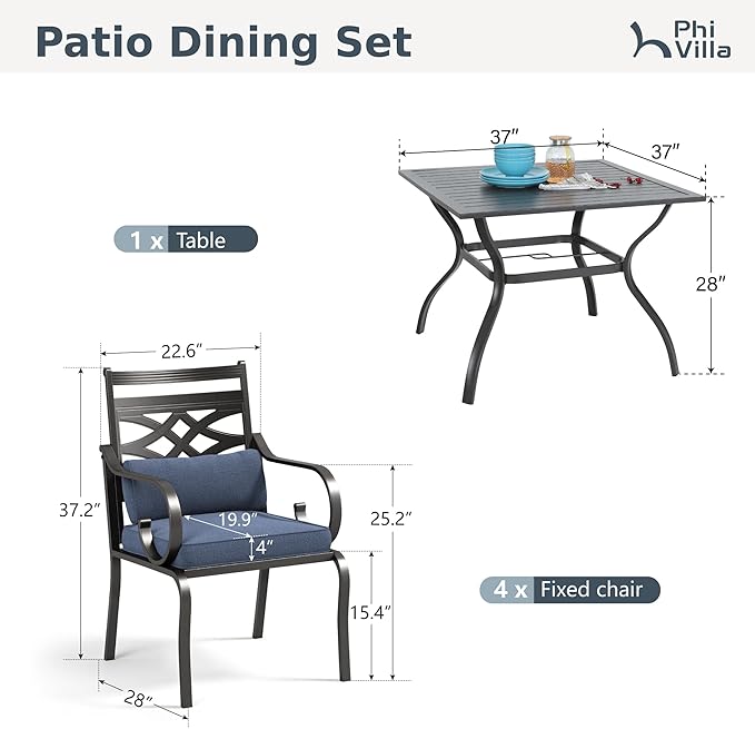 PHI VILLA 5 Pieces Outdoor Dining Set for 4, 37" Square Metal Table with Umbrella Hole & Wrought Iron Chairs, All Weather Large Outside Furniture with Blue Cushions & Pillows for Patio, Deck, Porch
