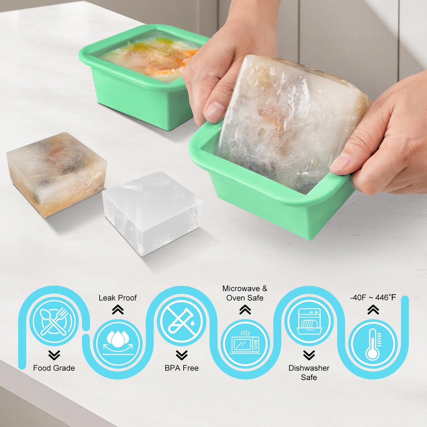 Silicone Freezer Tray with Lid 4 Pack Silicone Freezer Molds Ice Cube Tray Makes 4 Perfect 2 Cup Portions Soup Cubes Meal Prep Containers- Oven & Dishwasher Safe