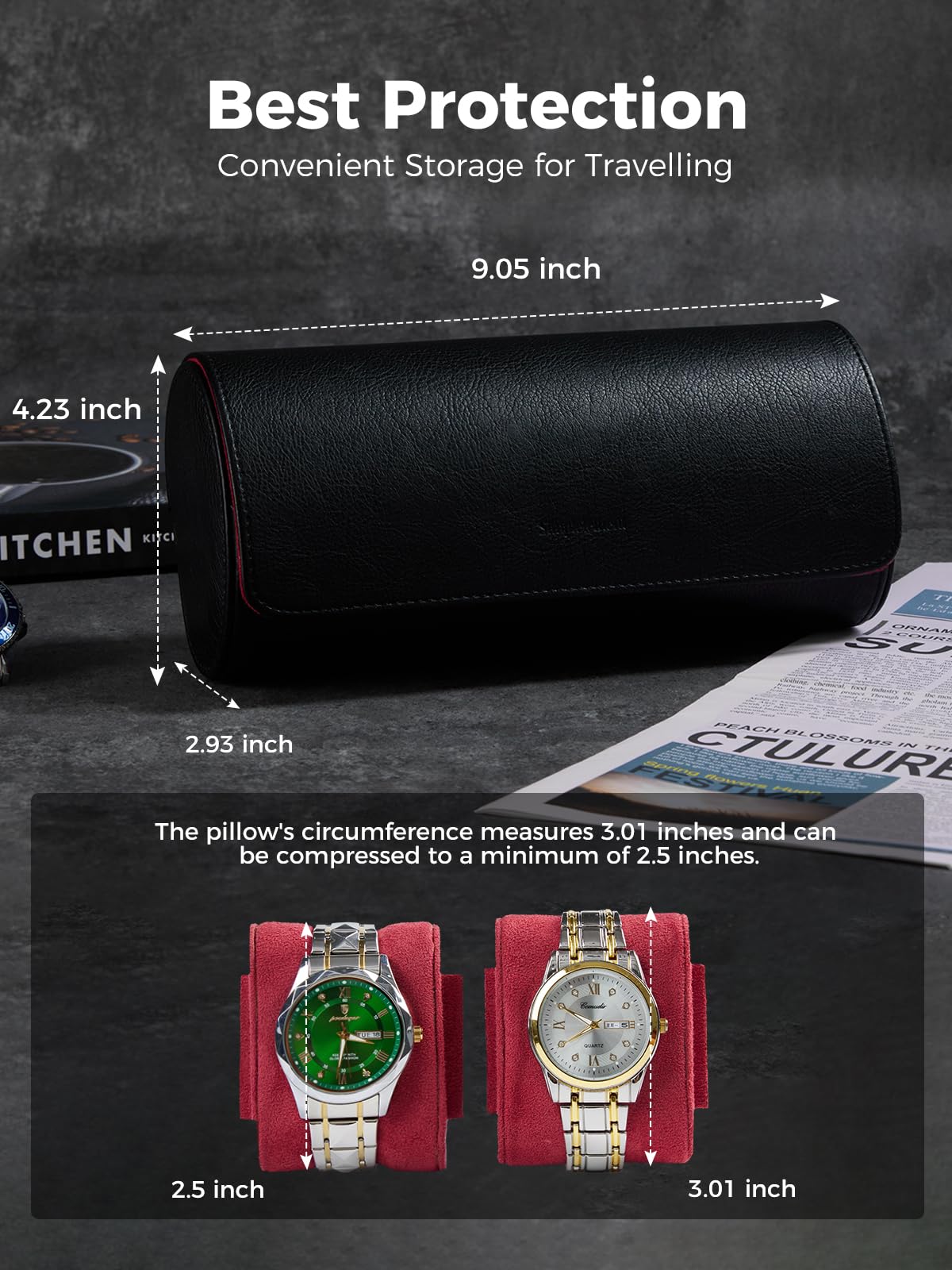 Simplelement Watch Travel Case for Men, PU Watch Roll for Travel Organizer, Gift-Box Packaging for Birthday or Christmas (Black/Red)