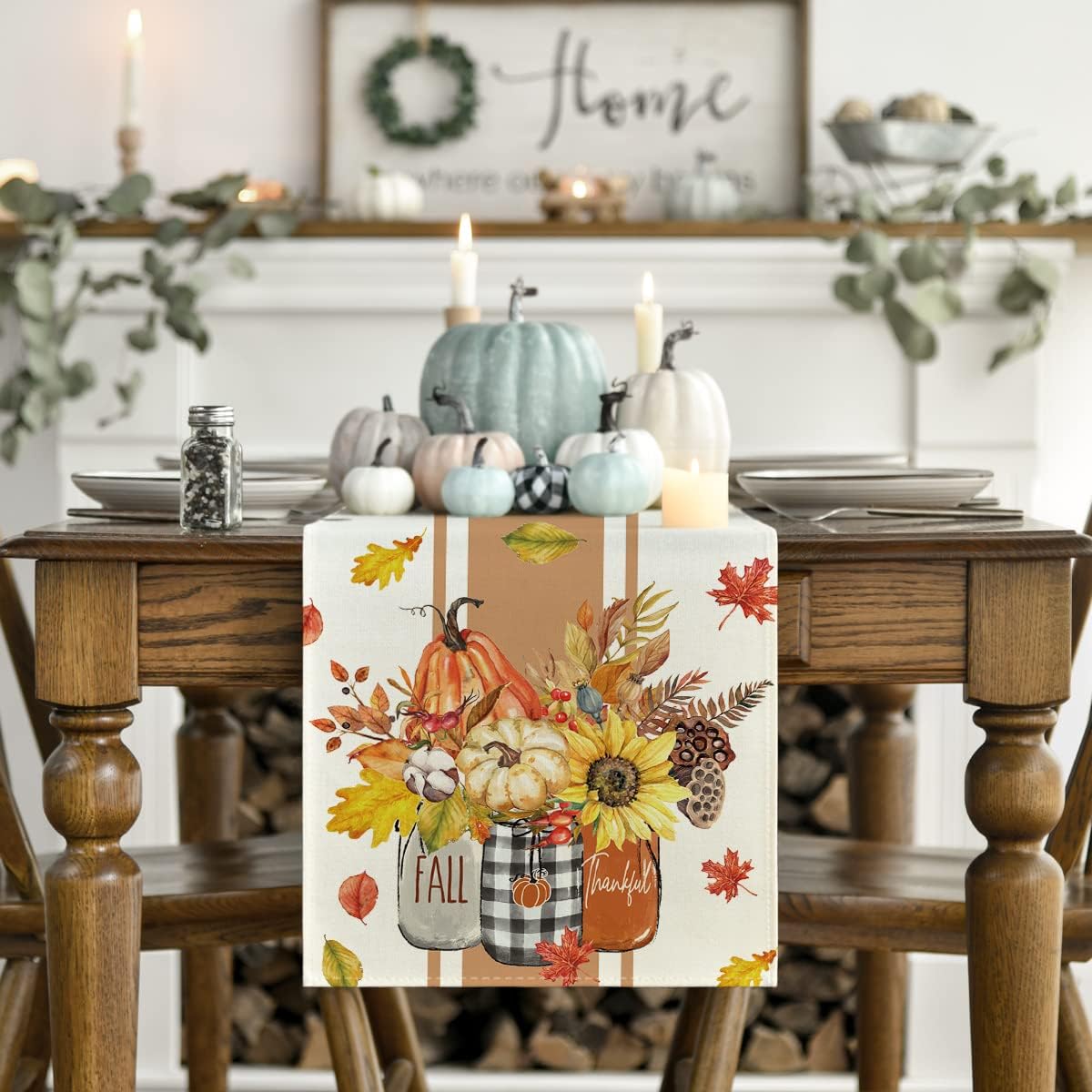 Artoid Mode Thankful Fall Pumpkin Leaves Floral Vases Table Runner, Autumn Thanksgiving Kitchen Dining Table Decoration for Home Party Decor 13x60 Inch