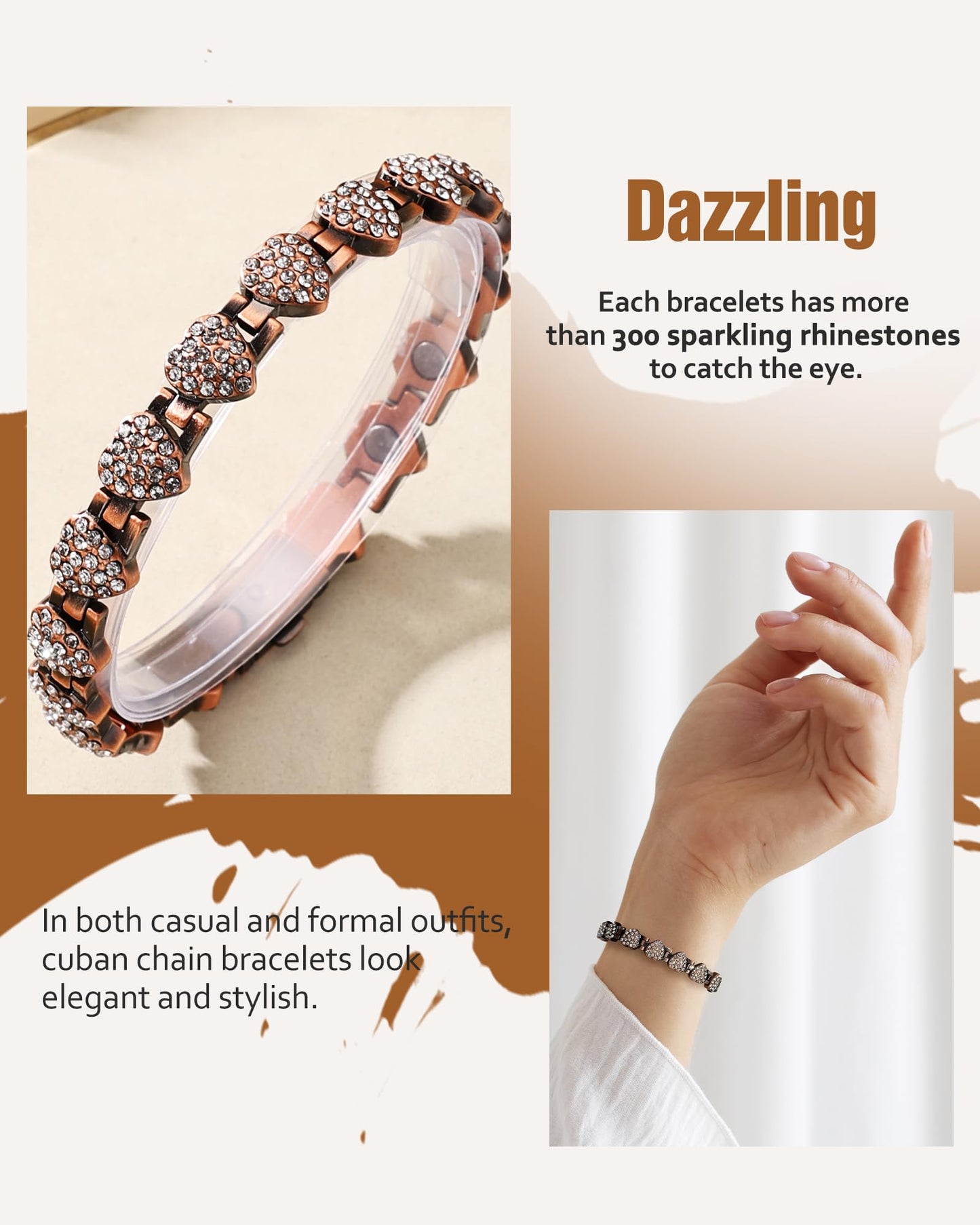 Jecanori Pure Copper Bracelets for Women, Effective Magnetic Bracelets with Sparkling Rhinestones, Adjustable Copper Jewelry Gift