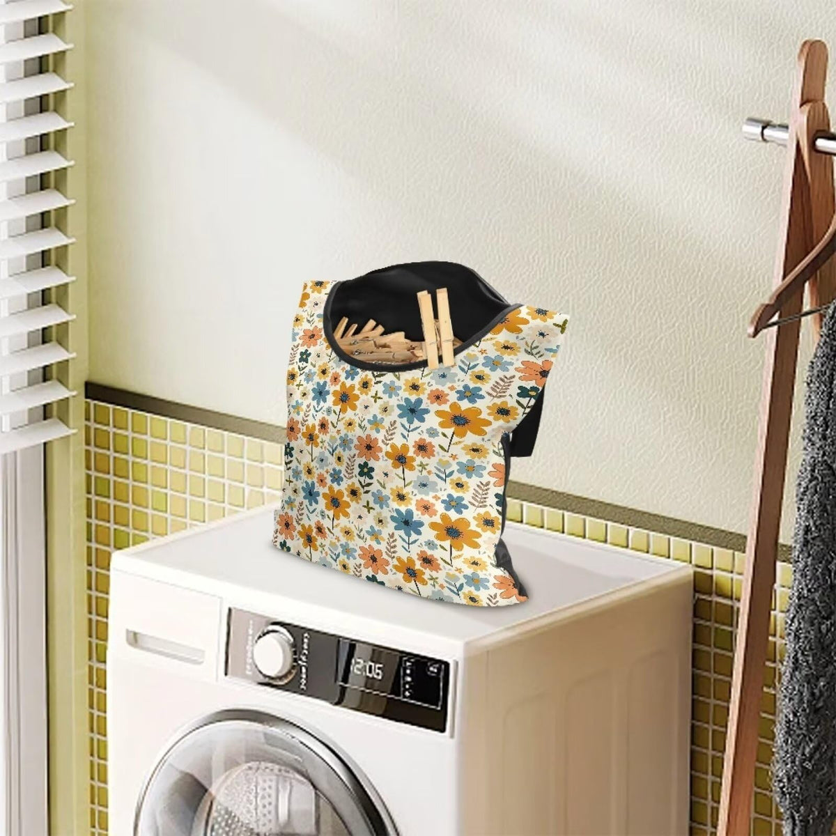 Floral Print Clothespin Bag Laundry Hanging Storage Organizer with Rope Holder and Extra Large Opening for Clothesline Outdoor Storage with Hanger Hook