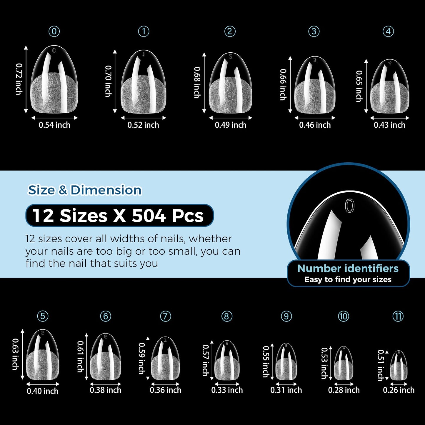 TOMICCA Extra Short Almond Nail Tips, 504pcs Pre-Shaped Soft Acrylic Gel Nail Tips Almond Shape Clear Press on Nails Extensions False Nails Full Cover for Professional Salon and Beginner 12 Sizes
