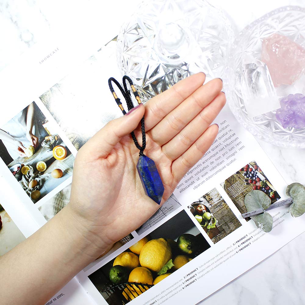 Runyangshi Blue Lapis Lazuli Healing Crystal Pendants, Double Pointed Natural Crystal Quartz Necklace 6 Faceted Chakra Crystal Wand Stone