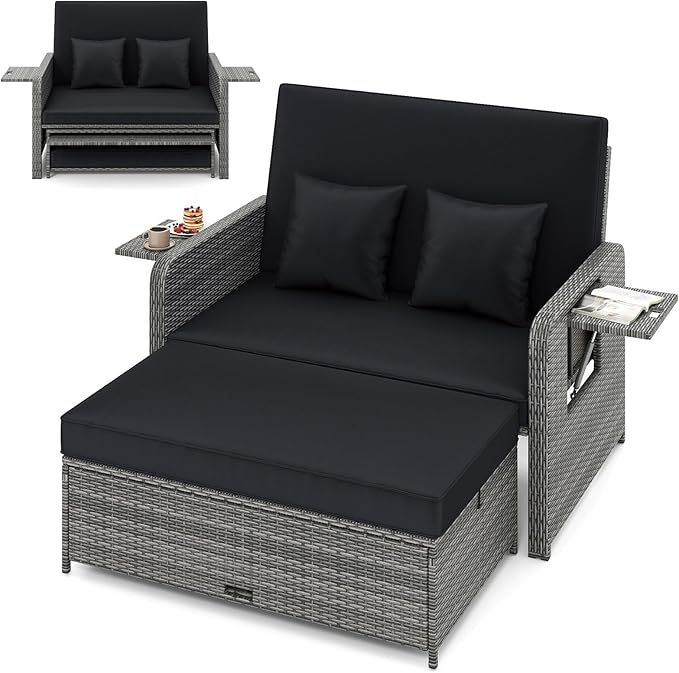 HAPPYGRILL Patio Rattan Wicker Daybed with Loveseat & Storage Ottoman, Outdoor Lounge Sofa Furniture Set with Adjustable Backrest & Side Trays, for Poolside Deck Porch Lawn (Mix Grey & Black)
