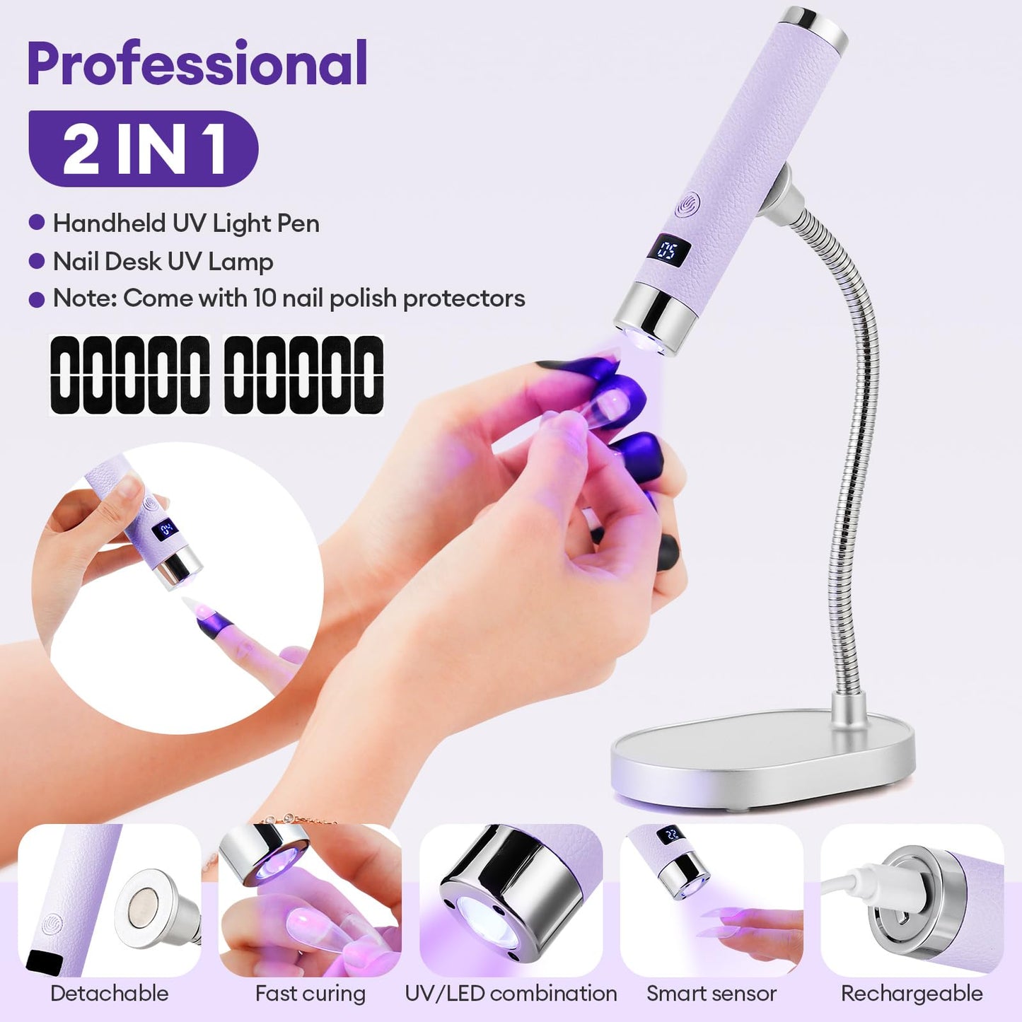LIARTY UV Nail Lamp Cordless: Mini Rechargeable Auto Sensor LCD Display 2 Timers - Gooseneck Flash Curing Light Pen for Gel Nails Polish with Base (Purple)