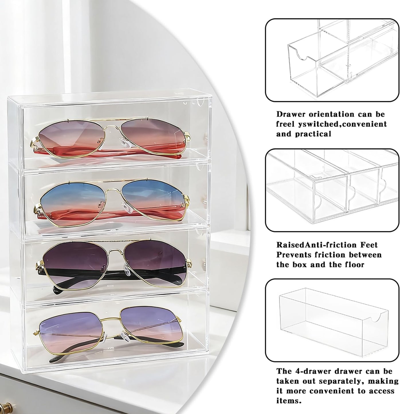 chunhai 2 Pack Sunglasses Organizer, Acrylic Eyeglass Case Clear Eyeglass Holder Eyewear Display Case with 4 Drawers for Women and Men, Jewelry Watch Storage