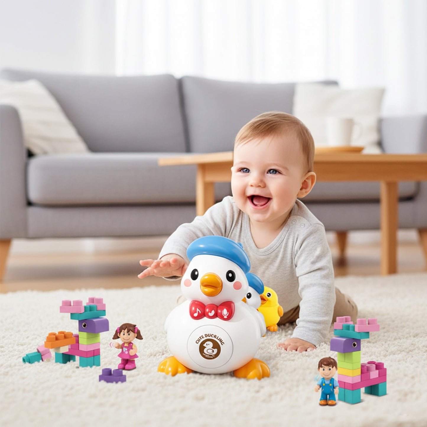 ROHSCE Soft Building Blocks & Duck Tummy Time Toy Bundle – STEM Stacking Rubber Blocks 42PCS with Storage Bag (Babies 6M+), Musical Early Learning Toy for Toddlers, Christmas, Birthday, Easter Gifts