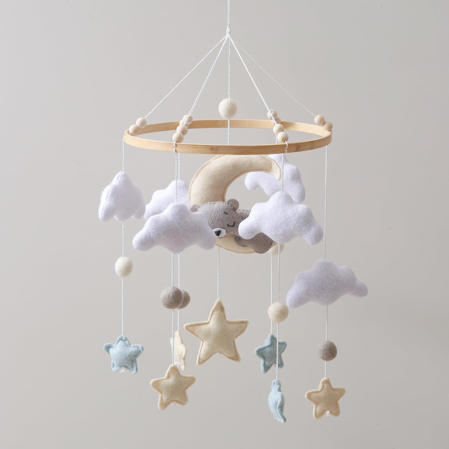 Baby Crib Mobile – Handmade Moon Bear Nursery Mobile, Mobile for Crib Neutral Felt Clouds Stars Hanging Toy, Beech Wood Ring Bassinet Mobile Baby Mobile Decor Gift