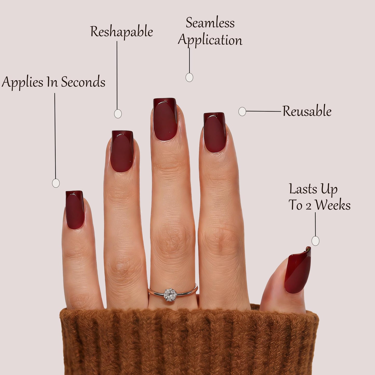 Dark Red Press On Nails Square -Short Red Nails with Glossy French Tips in a Matte Finish 16 Sizes - 32 Nail Kit with Glue