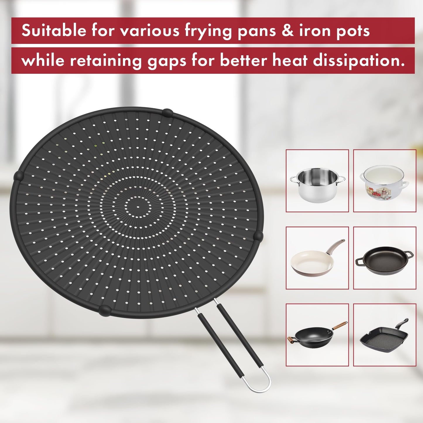 INYOU Silicone Splatter Screen for Frying Pan Suitable for 13” Pans, Multi-Use Grease Splatter Guard Heat Resistant to Hot Oil Food Safety Oil Splash Guard