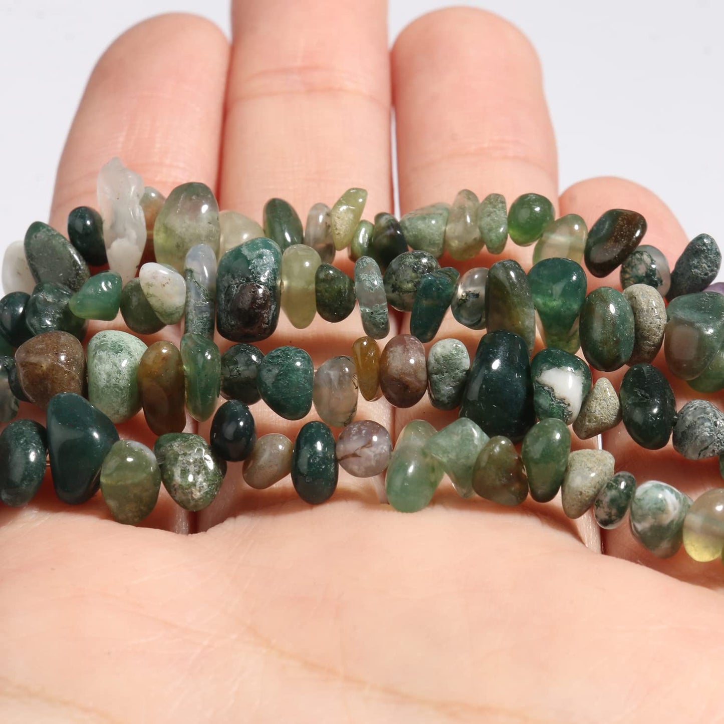 30in Moss Agate Natural Chip Stone Beads 5-8mm About 230pcs, Irregular Drilled Green Bead for Bracelets Jewelry Making Supplies for Adults, DIY Crafts.