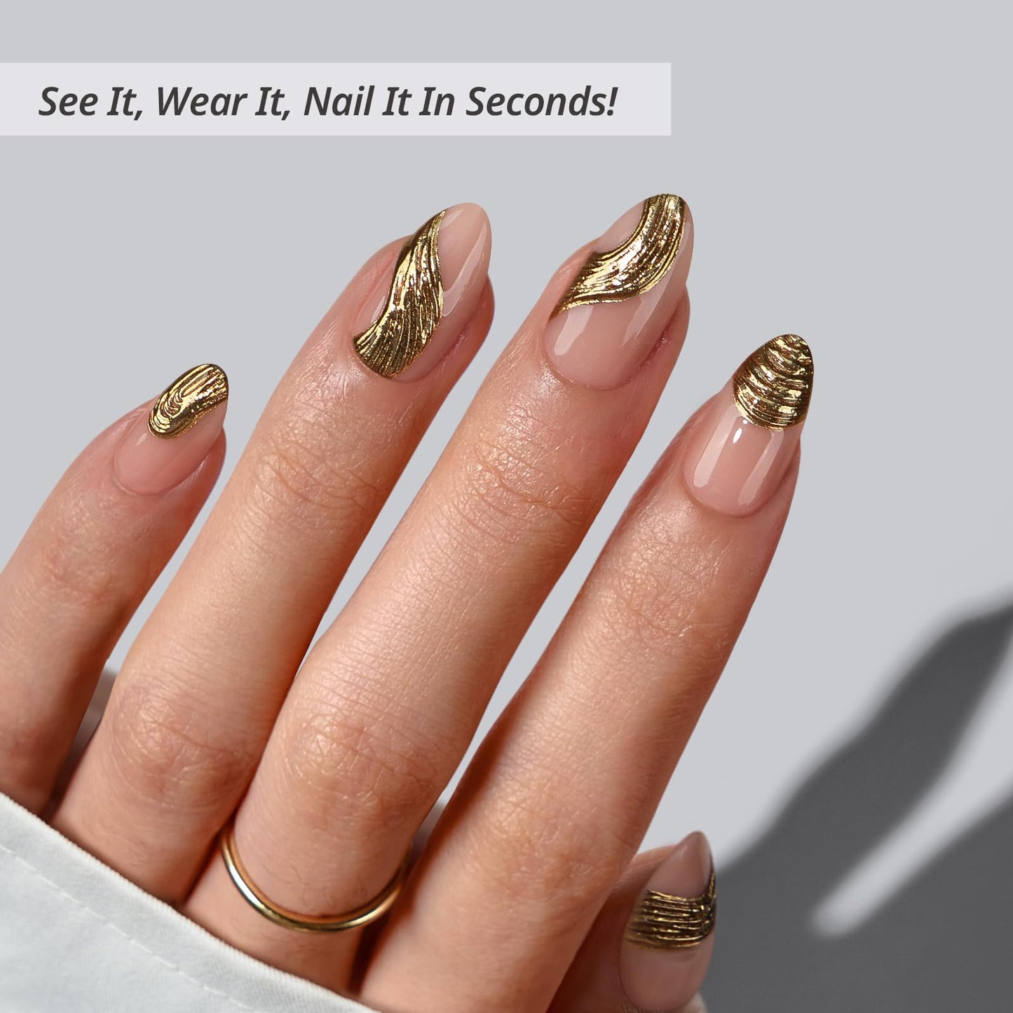 BTArtbox Press On Nails Short - Gold Rush, 3D Sculpting Metallic Almond Press On Nails with Glue and Adhesive Tabs for Women in 16 Sizes - 32 Soft Gel Glue On Nails Kit