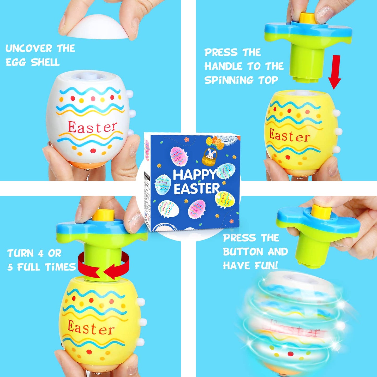 Light Up Easter Egg Toy Gifts for Kids, 6 Pack Easter Egg Spinning Tops with Flash & Music, Egg Fillers Essentials for Children, Glow in The Dark Hunt Prizes Goodie Bag Toys Party Favors