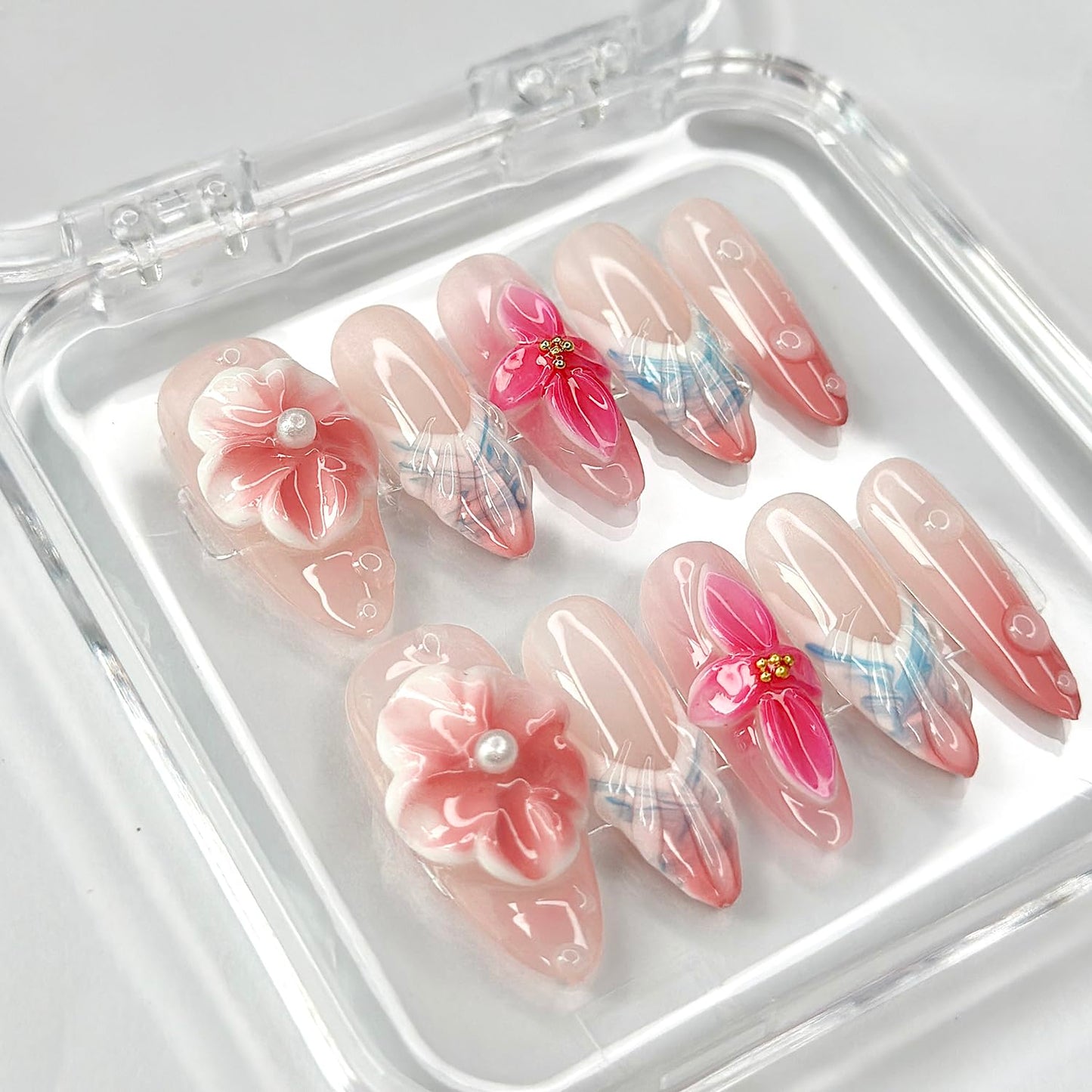 Luxury Press on Nails Medium Almond Handmade 3D Unique Reusable ABS Material Fake Nails Pink&White False Nails with Designs Pink Flower Water Drop Art Petal Glossy Glue on Thick Acrylic Nails(S)