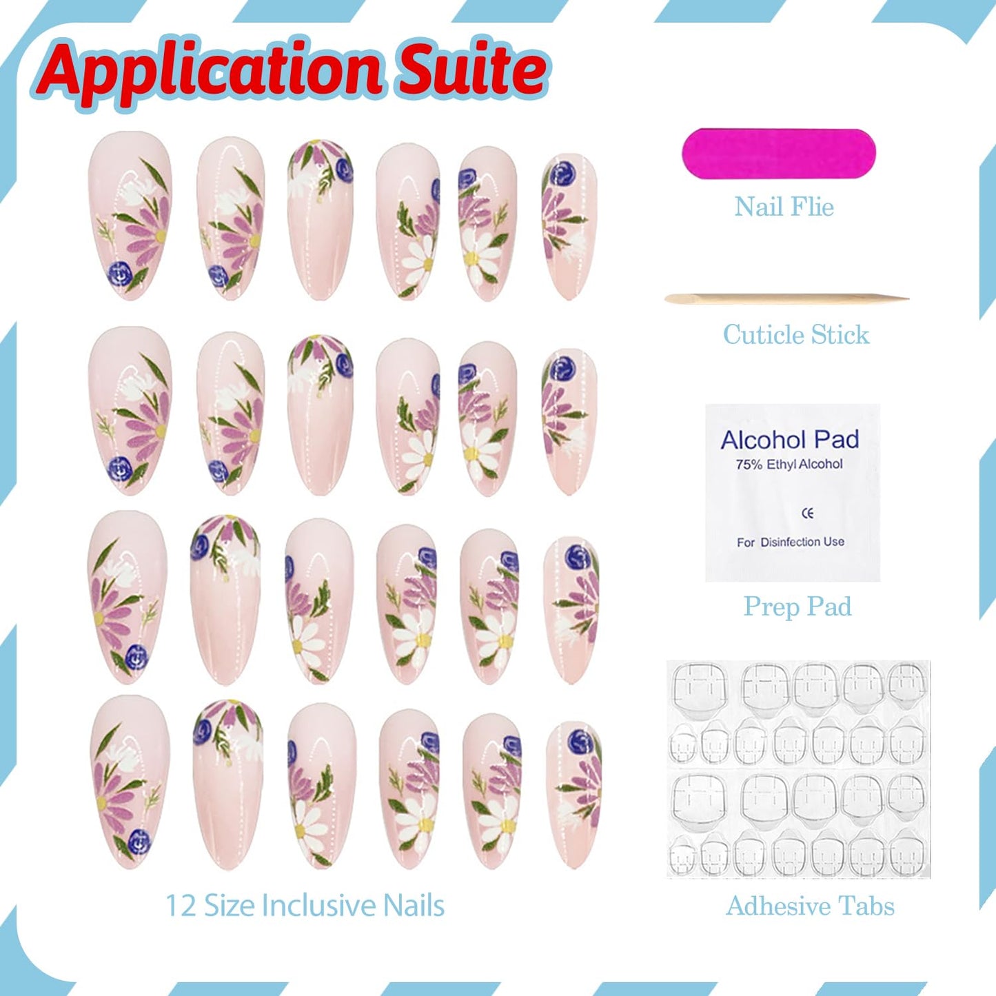 Almond Press on Nails Medium Fake Nails Flower False Nails with Daisy Floral Designs Nude Pink Glossy Glue on Nail Full Cover Spring Summer Acrylic Nails for Women Girls 24Pcs