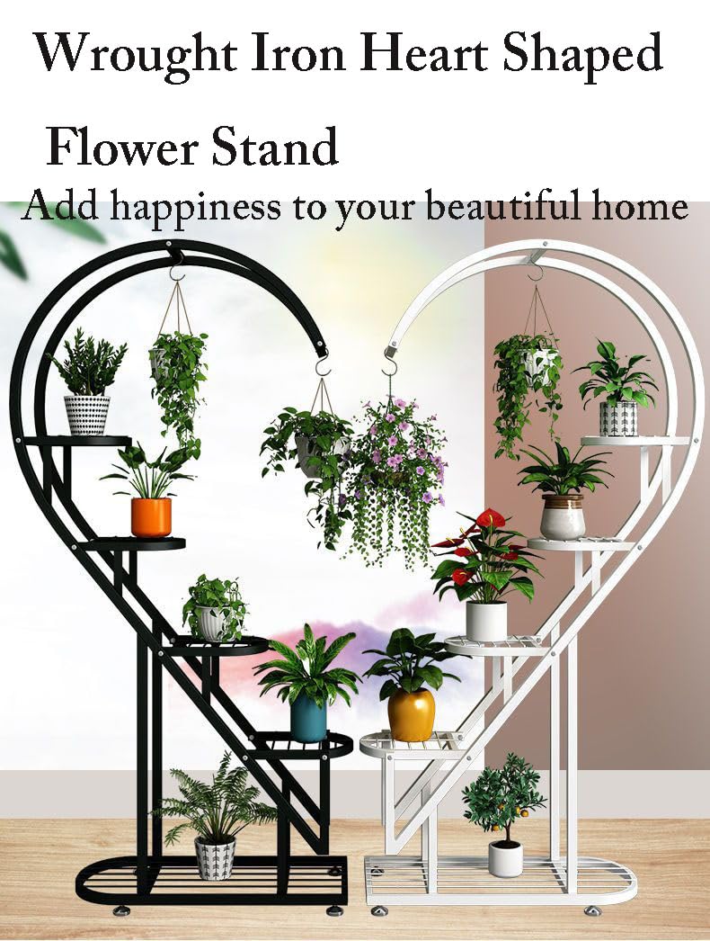 Eiwitany Floor-Standing Wrought Iron Flower Stand Installation Simple Load-Bearing Strong Home Living Room Balcony Heart-Shaped Shelf (White)