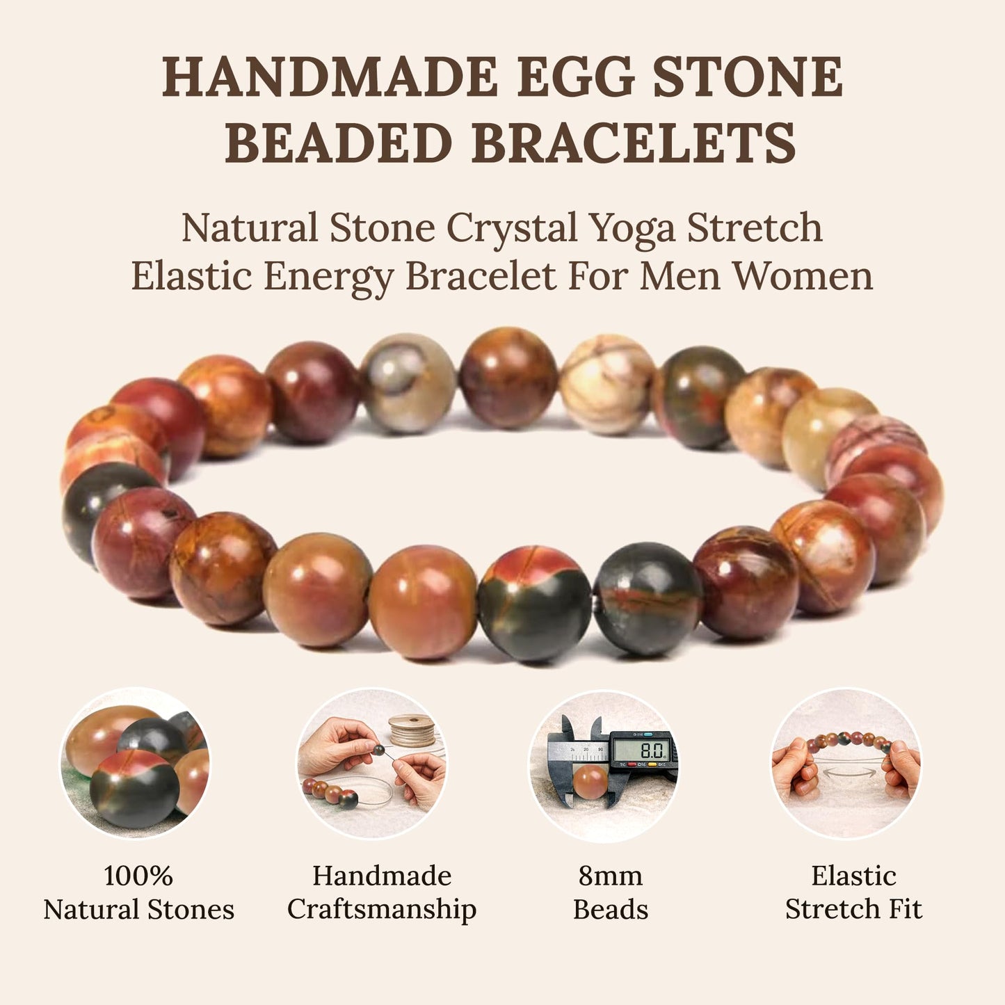Elm City Direct 8mm Natural Stone Beaded Bracelet – Unisex Crystal Stretch Bracelets for Men & Women, Chakra & Healing Jewelry, Gift-Ready Beaded Bracelets (Egg Stone, 8mm)