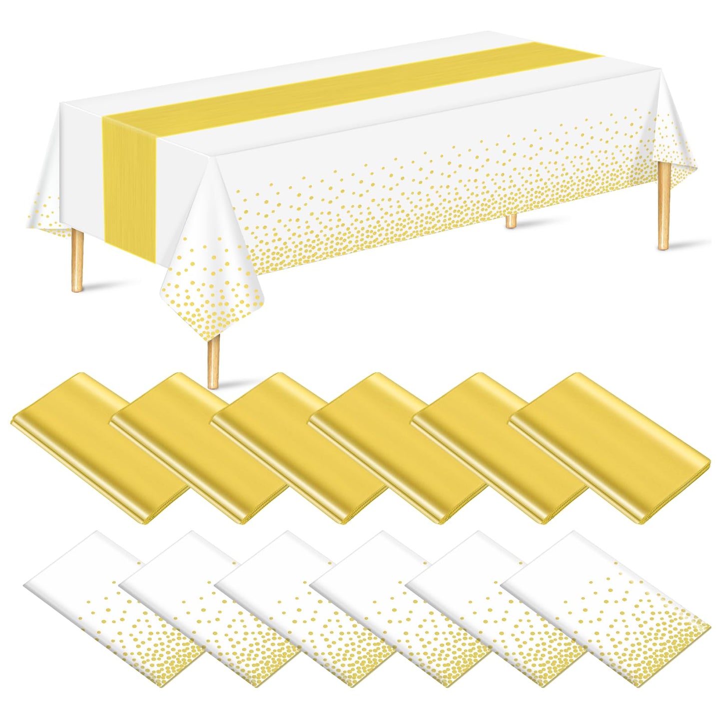 Barafat 12 Pack White Gold Tablecloth and Table Runner Set Party Decorations, White and Gold Plastic Disposable Tablecloth and Satin Table Runner for Wedding Birthday Party (White and Gold)