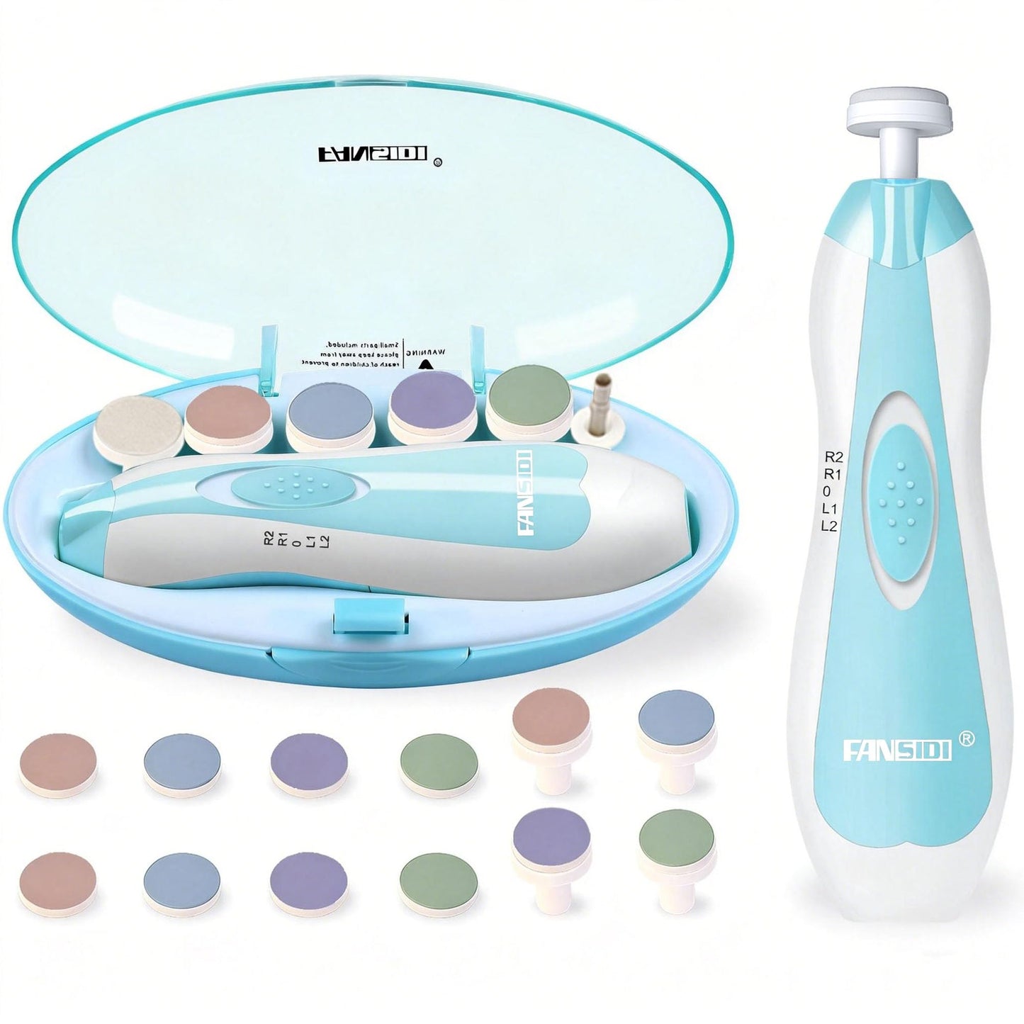 Fansidi Baby Nail Trimmer Electric, Easy & Safe Nail File for Newborn Infant Toddler, Whisper-Quiet Nighttime Use, 4-Stage Age-Matched Grinding Heads, LED Light, 18-Piece Kit, Blue, Baby Shower Gift