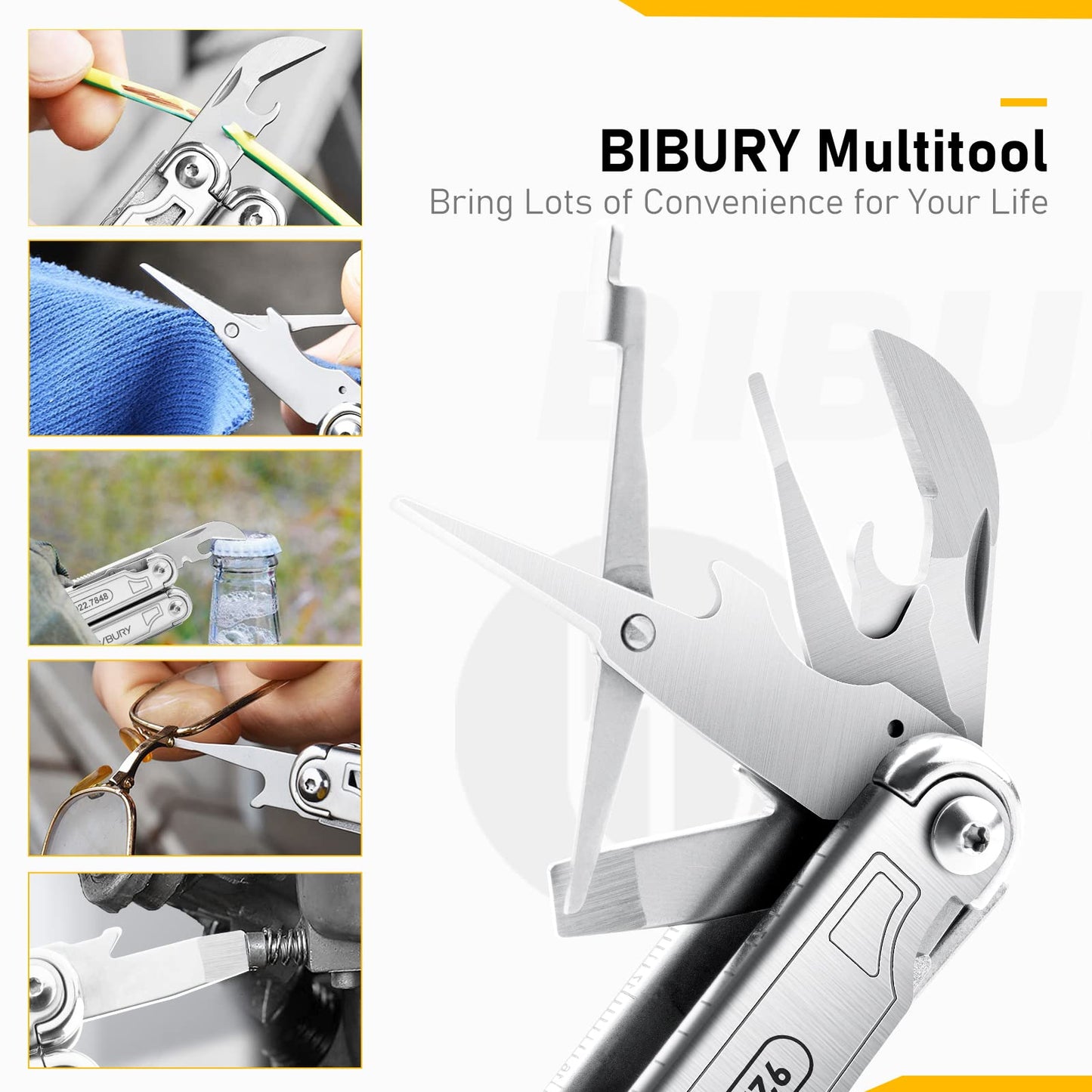 BIBURY Multitool with Pocket Knife, 19-in-1 Stainless Steel Pliers with Scissors, Self-locking Multi tools with EDC Sheath for Home, Camping, Hiking, Survival, Gifts for Men, BI2038A