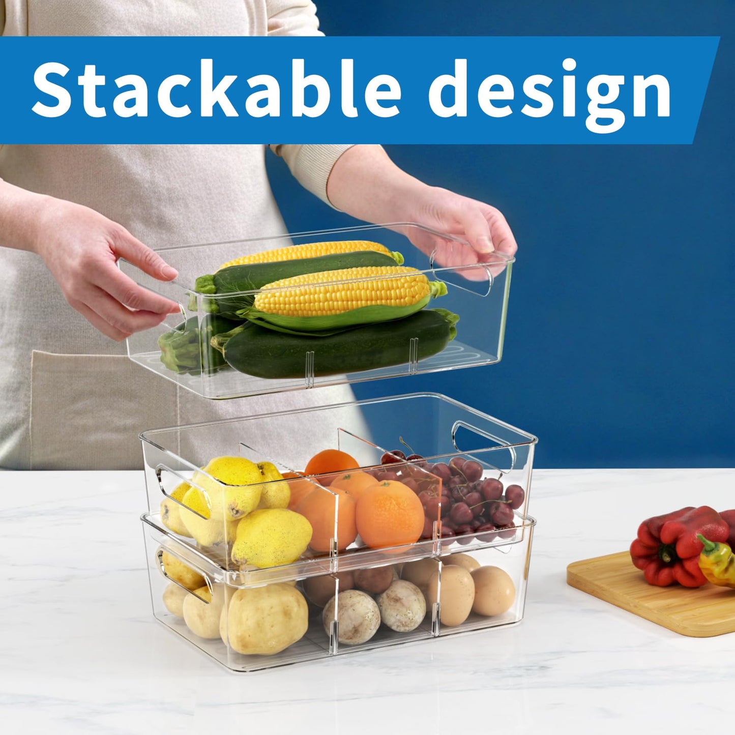 Mpotmiy 6 Pack Pantry Organizers and Storage,Clear Plastic Containers with 2 Dividers for Kitchen,Fridge Organization and Storage,Acrylic Bins for Pounches,Spice Packet,Snack organzier