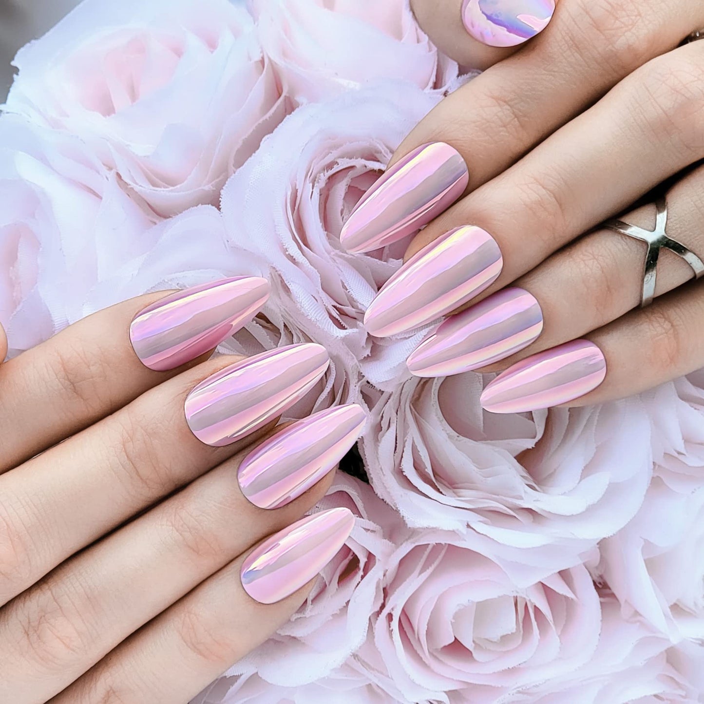Hypnaughty 24 Pcs Light Pink Almond Chrome Luxury Press On Nails and Glue Reflective Medium Long Pointed False Nails (Light Pink Almond Chrome)