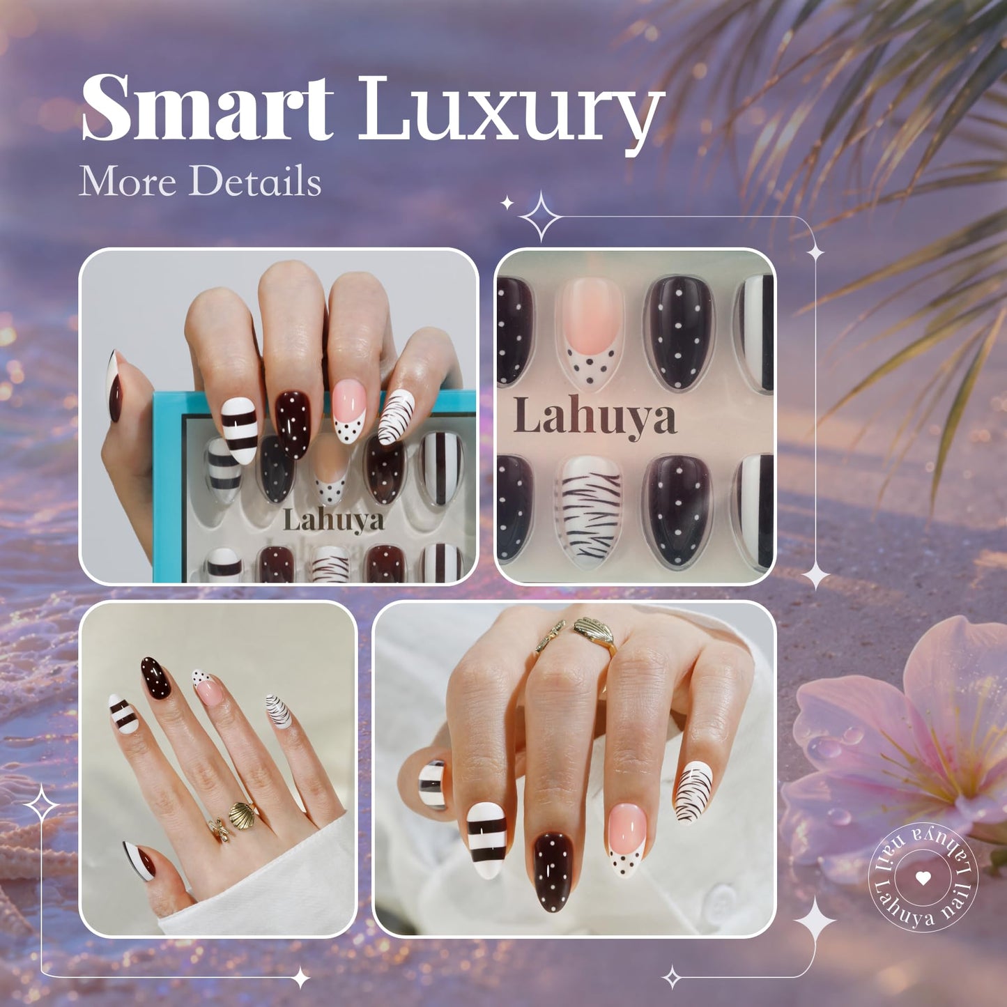 Lahuya Press On Nails - Mocha Chic | Short Almond Fake Nails with Brown and White Graphic Nail Art, Polka Dot, Stripe & Swirl Design, Glossy Finish, Salon Quality | 15 Sizes - 30 Nail Kit with Glue
