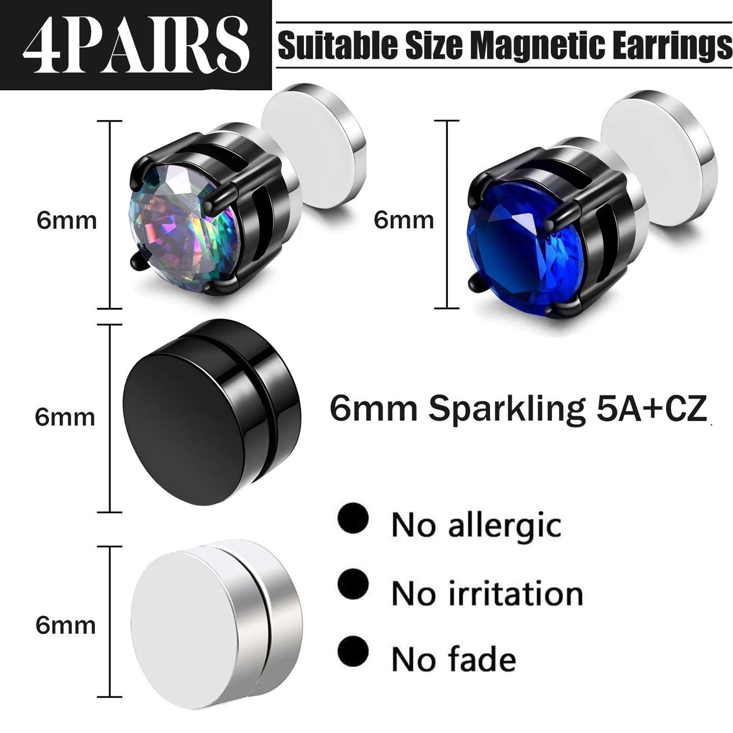 SIISPRI 4 Pairs Stainless Steel Magnetic Stud Earrings for Men Women Hypoallergenic Inlaid Cubic Zirconia Unisex Non-Piercing Clip On Stud Diamond Earrings Set