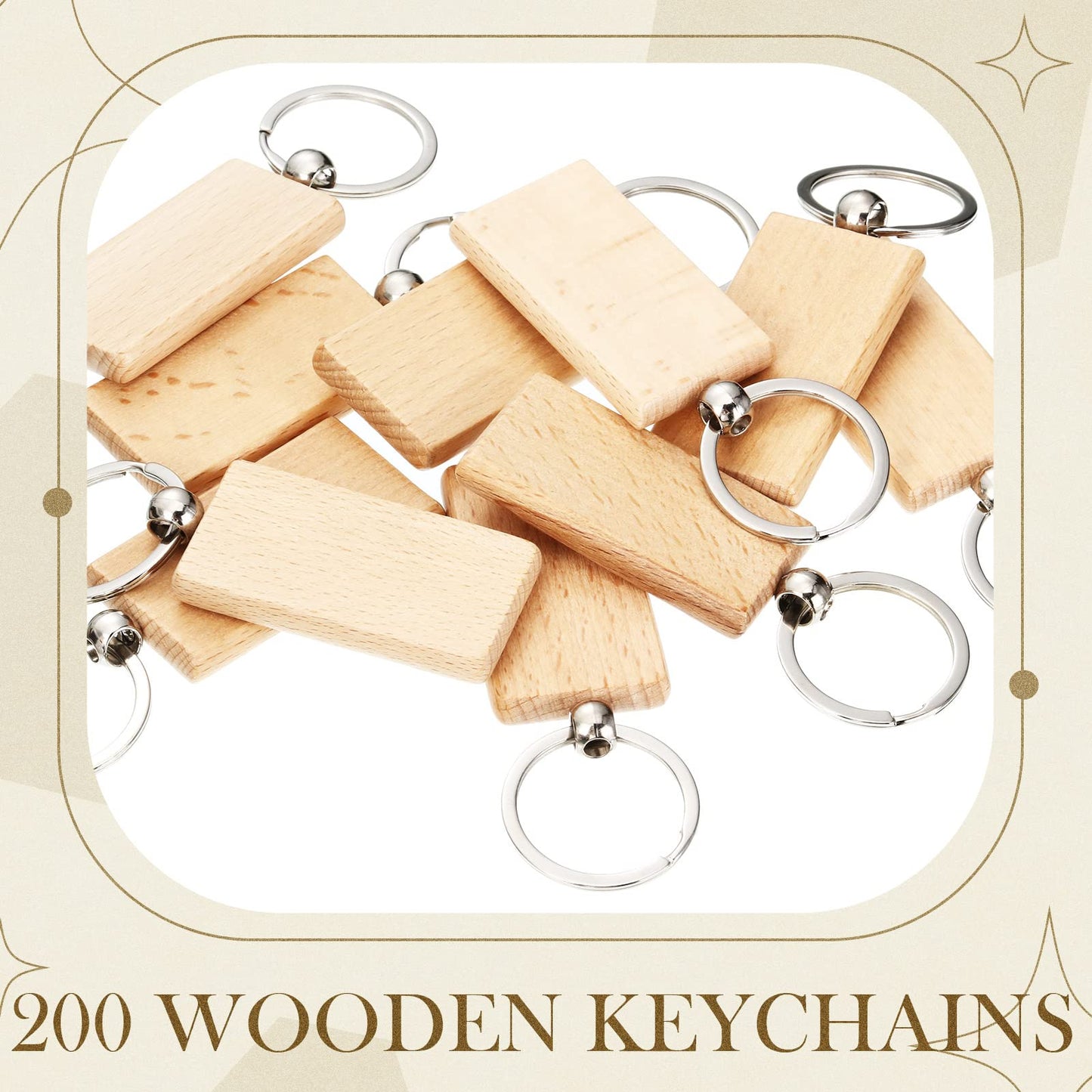 Bucherry 200 Pcs Wooden Keychain Blanks Wood Key Chains Bulk Laser Engraving Wooden Keychain Blanks Unfinished Rectangle Key Ring Tag for DIY Gift Crafts