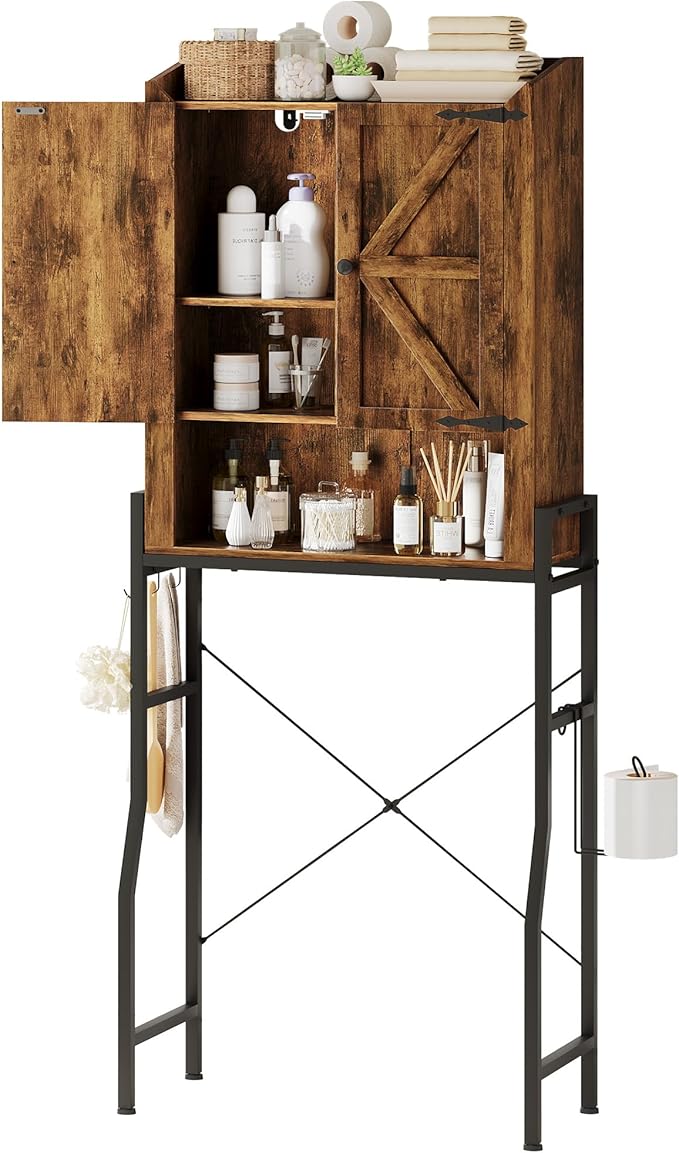Over The Toilet Storage Cabinet, Over Toilet Organizer with 2-Door & Metal Stand, Bathroom Organizers and Storage with Adjustable Shelves for Bathroom, Restroom, Laundry, Rustic Brown