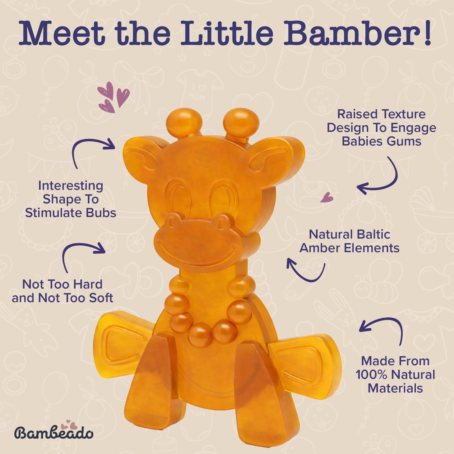 Bambeado LittleBamber Baby Teething Toy - Made with Natural Rubber & Amber Elements - Gentle Support, Easy to Hold, Simple to Clean - Cute Giraffe Teether Toy - Alternative to Amber Teething Necklace