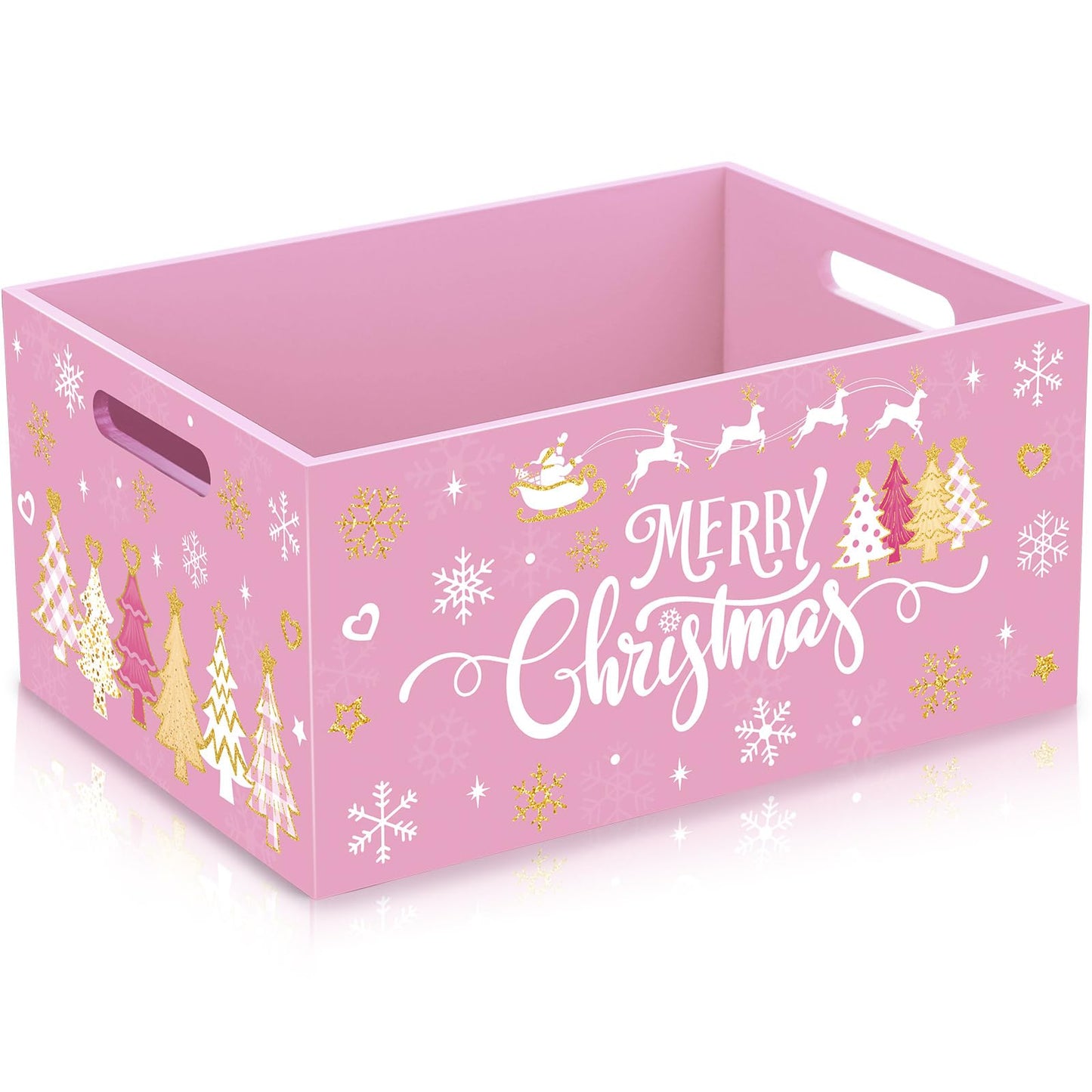 Soaoo Christmas Wooden Crate 11.4 x 8.3 x 5.4 Inch Merry Christmas Storage Box with Handles Decorative Rustic Farmhouse Wood Basket for Xmas Hot Cocoa Bar Candy Pet Table Decor(Pink)