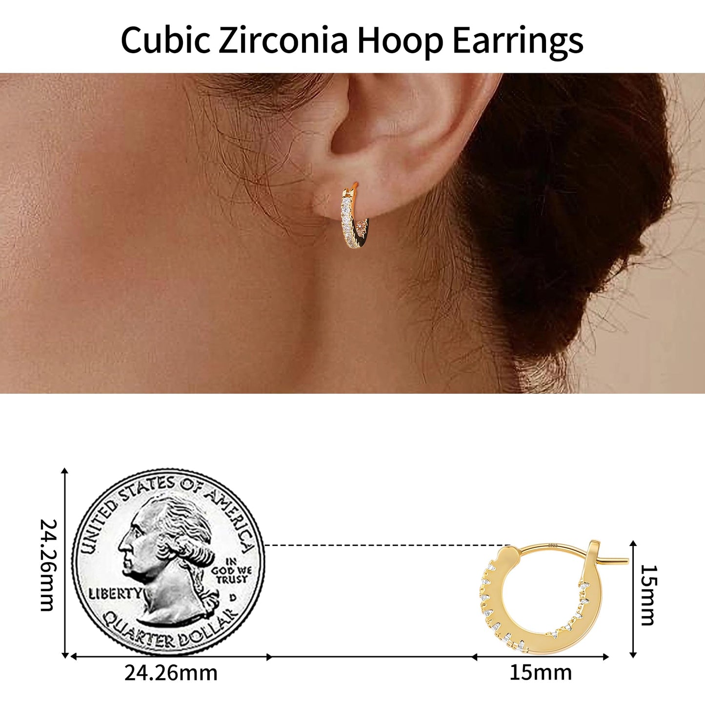 Gacimy 14K Gold Plated Hoop Earrings for Women, 15mm Cubic Zirconia Hoop Earrings with 925 Sterling Silver Post
