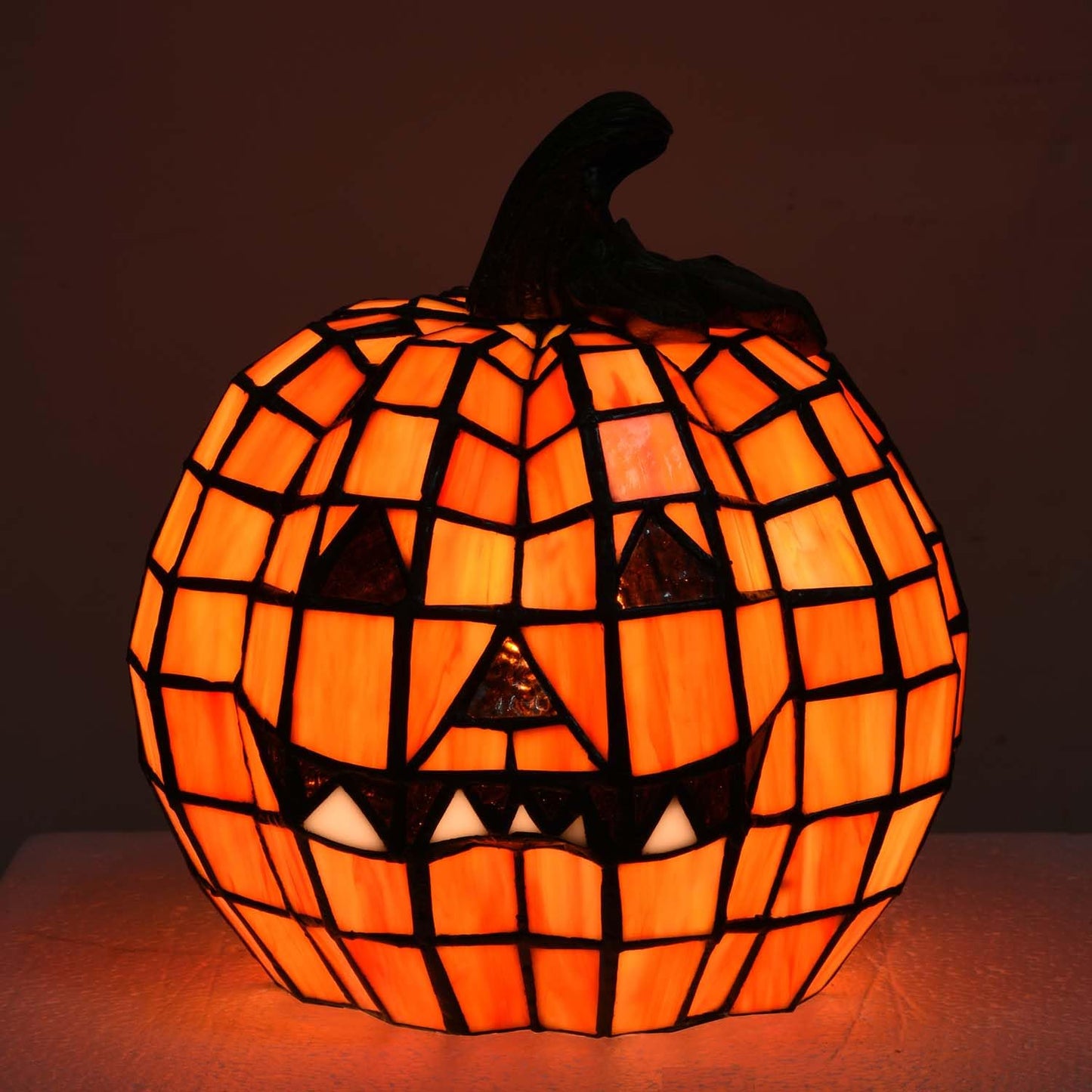 Bieye L10927 Carved Pumpkin Tiffany Style Stained Glass Accent Table Lamp for Halloween Decor