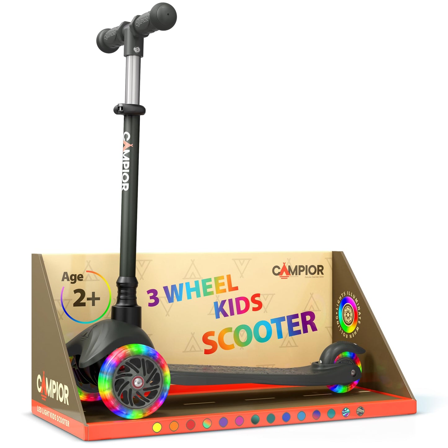 Black Mini 3 Wheel Scooter for Kids – Lean-to-Steer with LED Light-Up Wheels, Adjustable Handlebar, Wide Anti-Slip Deck, Smooth PU Wheels, Rear Foot Brake – Toddler Scooter for Ages 2+