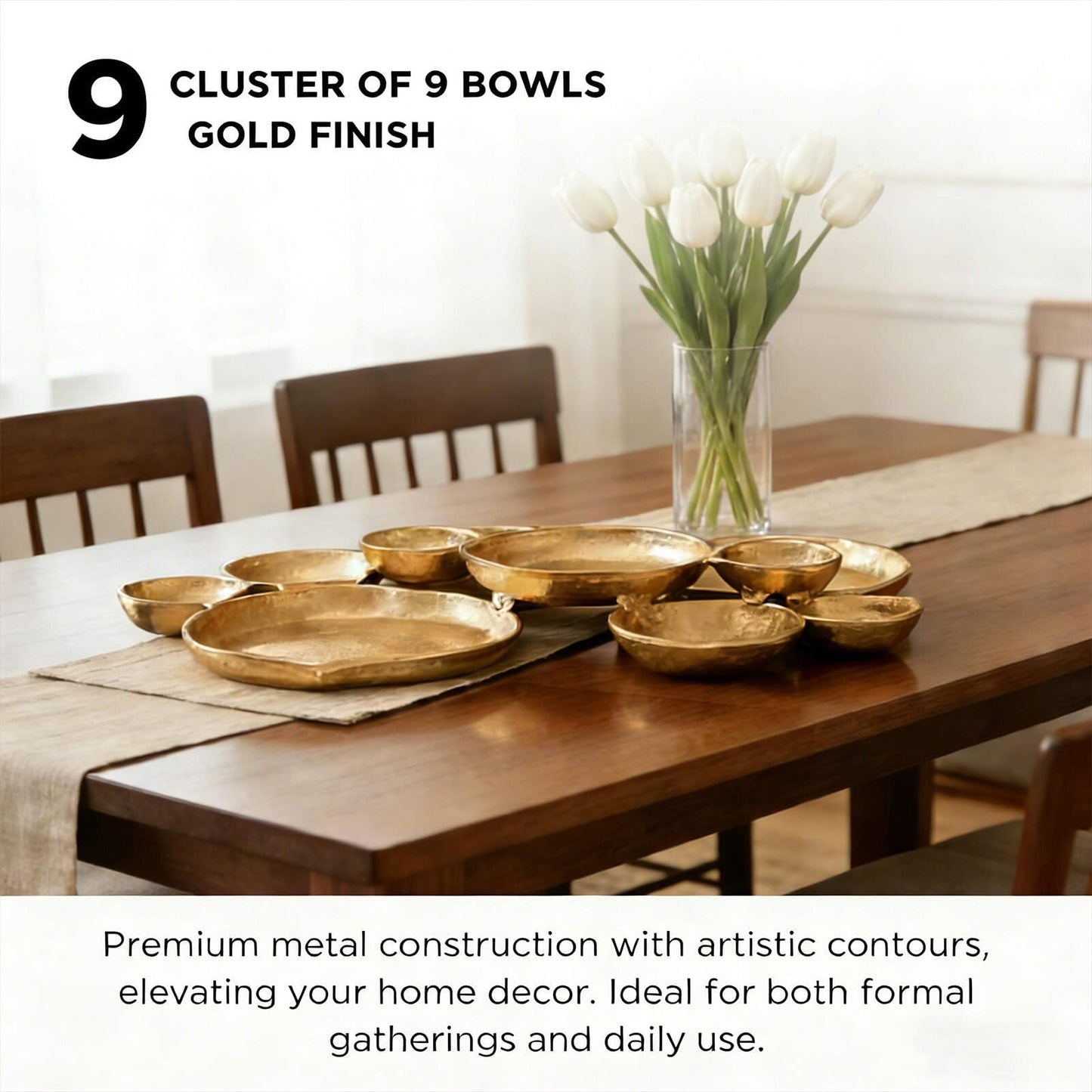 9-Piece Round Cluster Serving Bowls Set Gold Connected Design for Entertaining Snacks Nuts Chips Sturdy Serving Tray Decorative Tableware Supplies Platter Box for Candy Cocktail Party Serving Sets