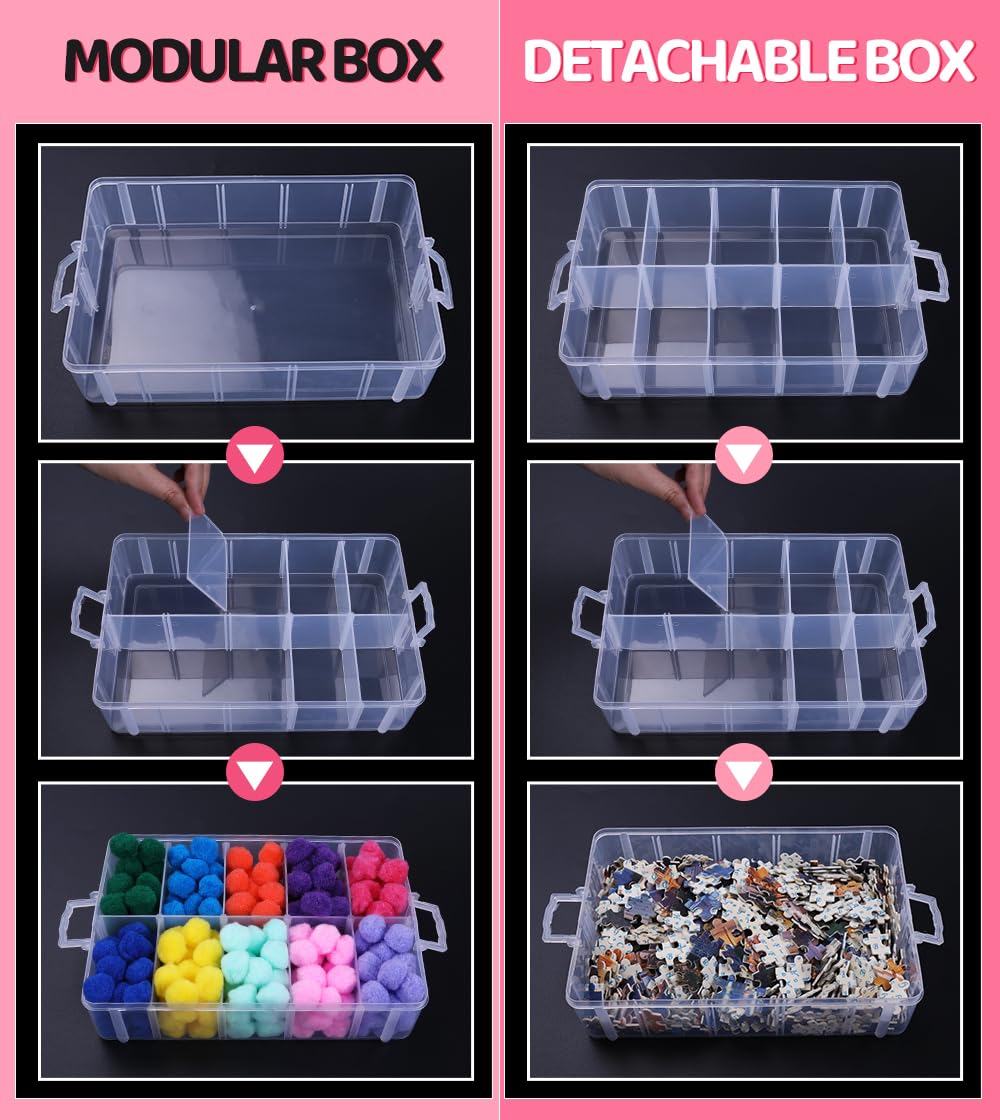 Praisebank 3-Layer Stackable Storage Container Box, 30 Dividers Compartments, Perfect for Storage Jewelry & Arts & Crafts & Sewing. (Clear)
