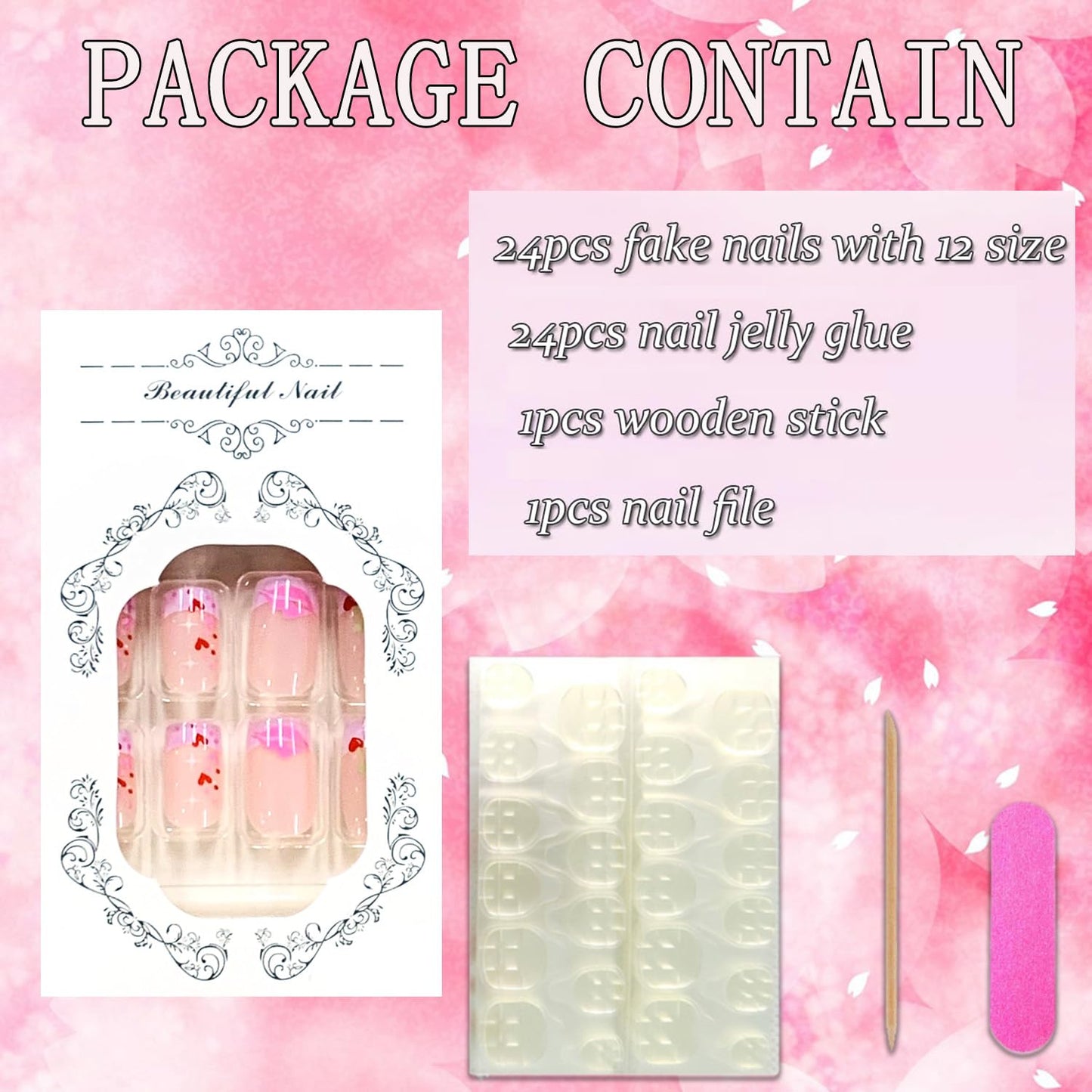 Press On Glossy Full Cover Acrylic Short Length Square French False Nails with Heart Lips Flame Designs Artificial Square Shaped Fake Nails Glue Ons for Women Girls