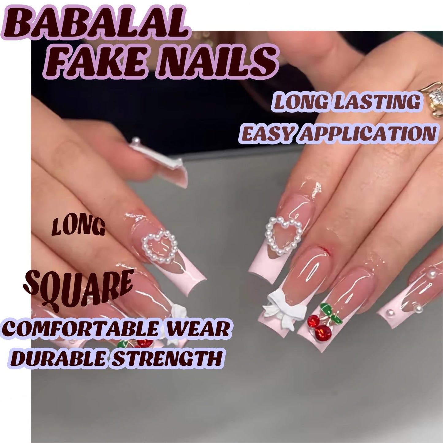 BABALAL Long Square Press on Nails, White French Tip Heart Bow Cherry Charm Acrylic Nails Squoval Glue on Nails 24 Pieces