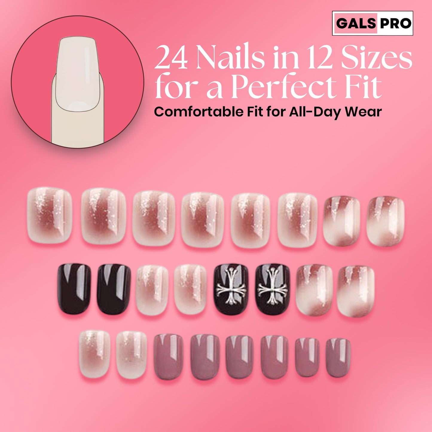 GALSPRO Short Press on Nails - Set of 24 Fake Nails with Designs in 12 Different Sizes for Perfect Fit, Cute False Nails Kit for Women with 0.07oz Nail Glue (NAILCRAFT SQUARE SHAPE, Short)