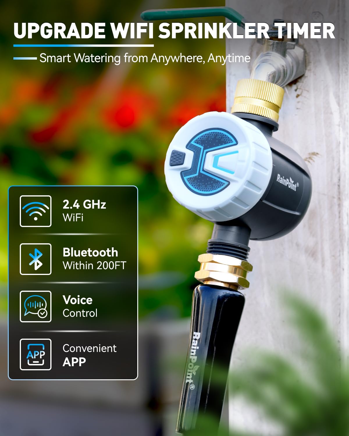 RAINPOINT WiFi Water Timer, Sprinkler Timer for Garden Hose, Smart Automatic Irrigation System with Brass Inlet for Yard, Lawn, APP Remote Control via 2.4Ghz WiFi and Bluetooth