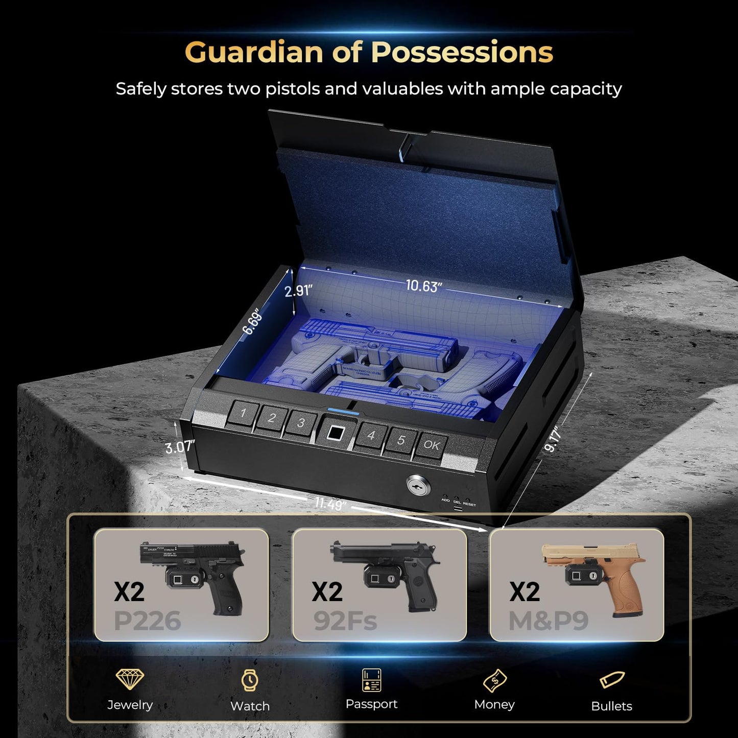 ONNAIS Iron PRO Biometric Fingerprint Gun Safe for Handgun, Swift Entry Gun Lock Box Featuring with Interior Light and Emergency Power Supply, Pistol Safes for Home, Nightstand, Bedside, and Car, Gift