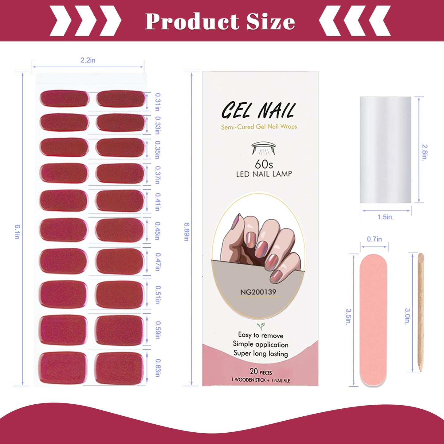 YECIRALA 2 Sheets 40 Tips Semi Cured Gel Nail Strips Kit (Magic Metallic Burgundy & Purple) Semi Cured Nail Polish Strips Stickers Chrome Metallic Effect Gel Nail Wraps with Nail File & Wooden Stick