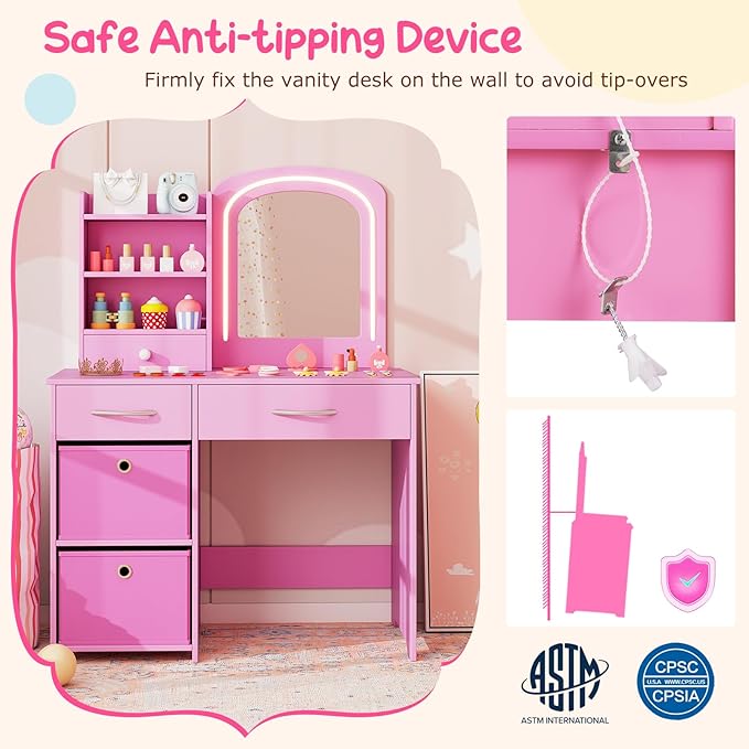 Costzon Kids Vanity with Lights, Princess Makeup Dressing Desk with Mirror and Stool, Storage Drawers, Shelves, Kids Vanity Table and Chair Set for Little Girls (Pink)